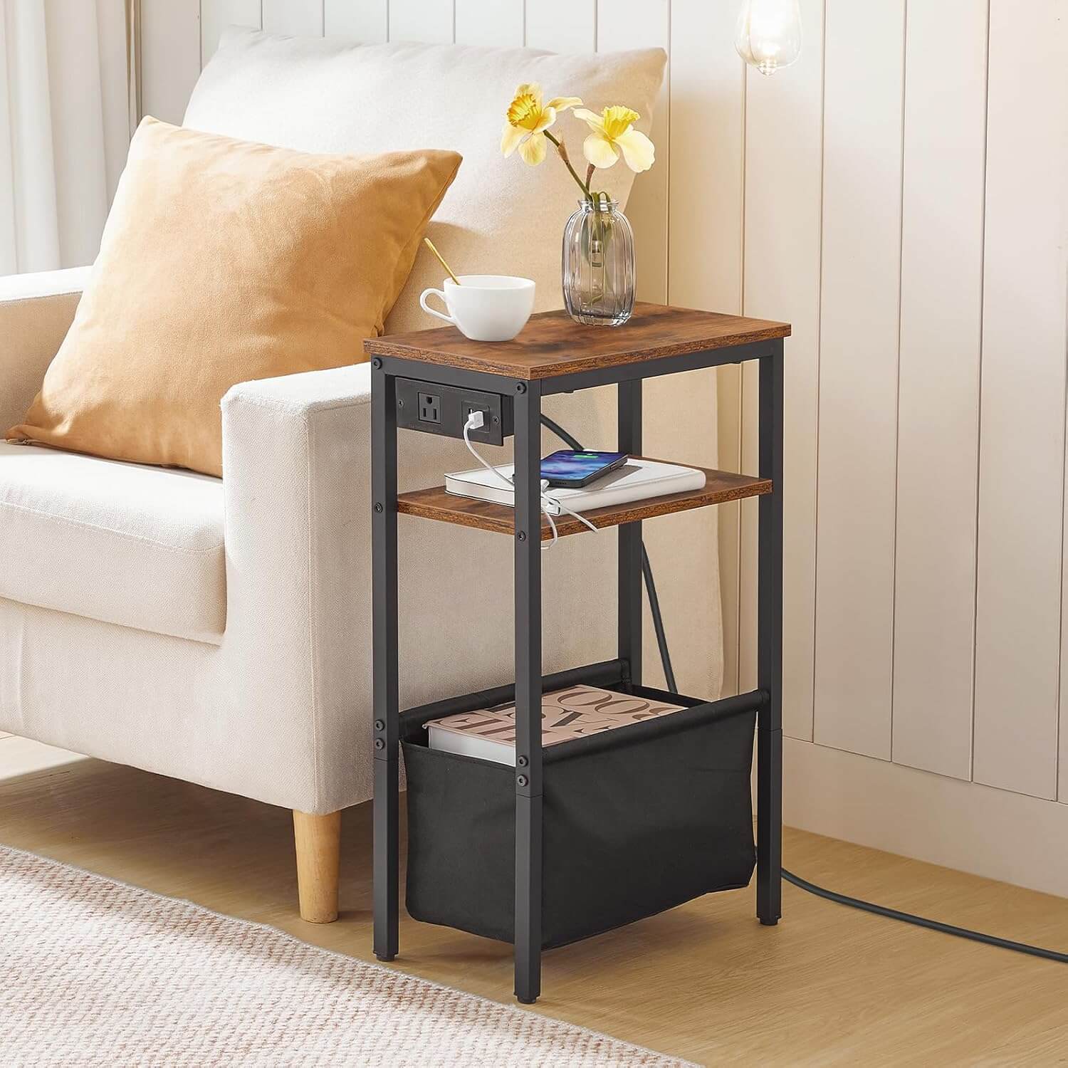 hoobro-table-d-appoint-troite-marron-usb-chevet image 7