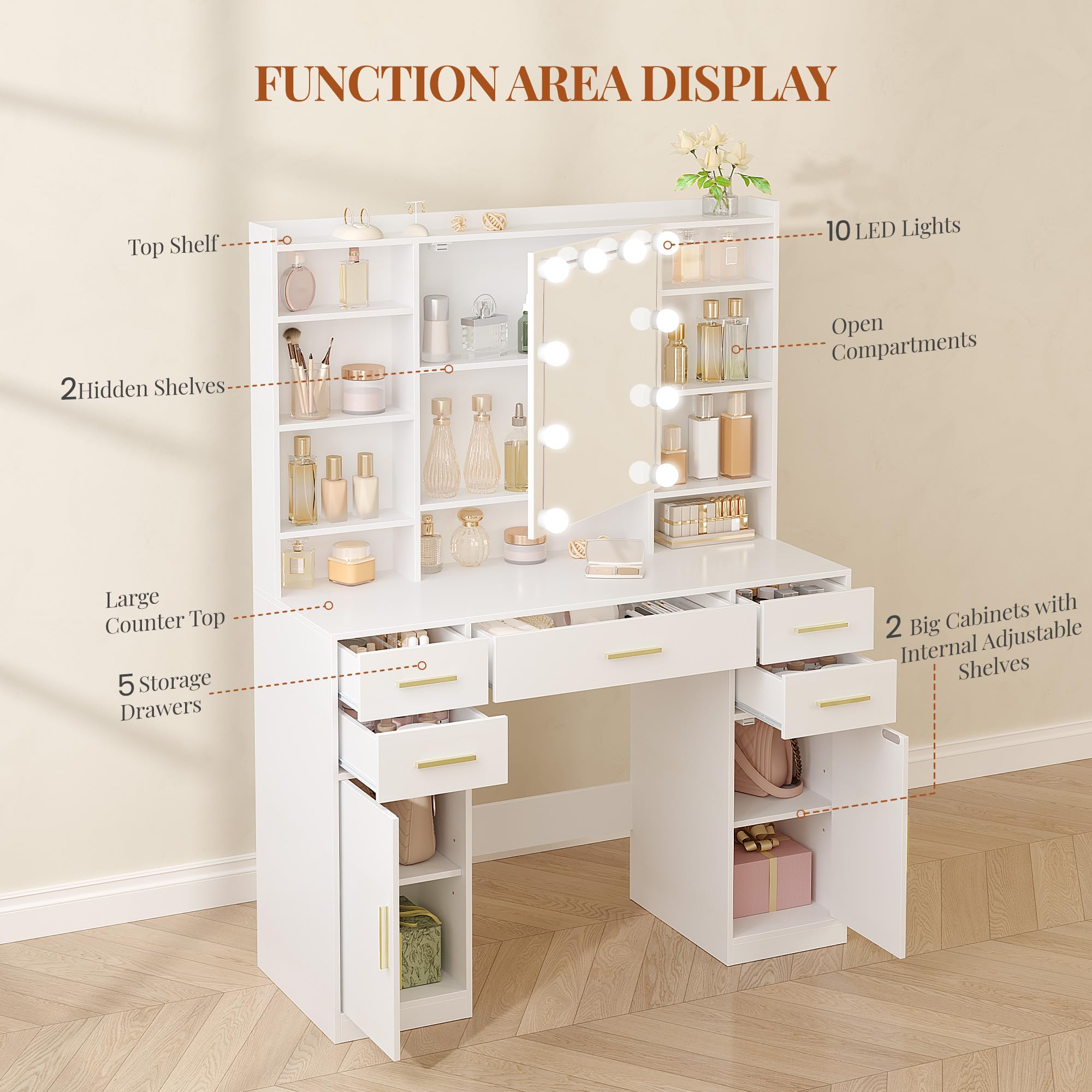 hexcelen-coiffeuses-avec-miroir-108-cm-blanche-led-5-tiroirs image 6