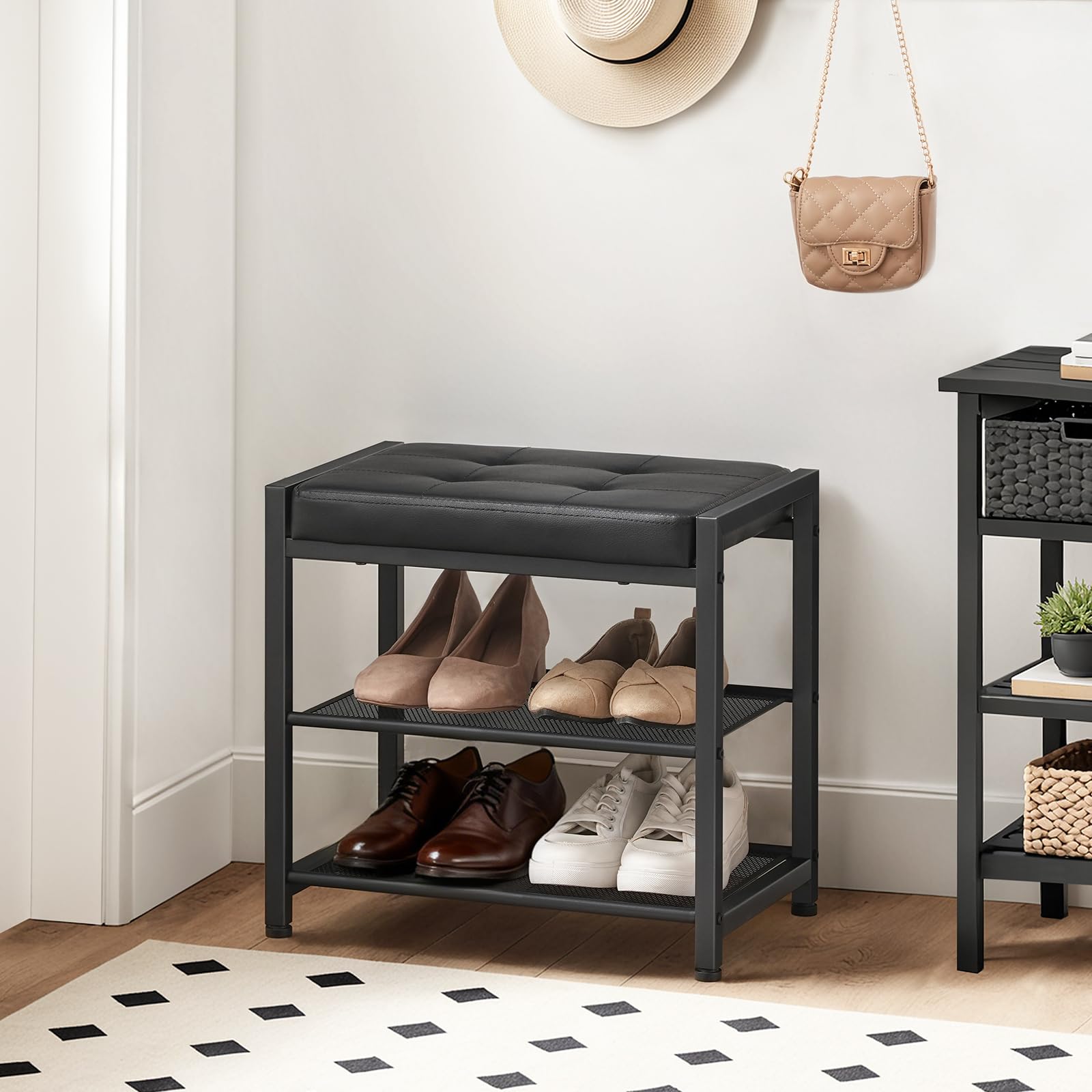 hoobro-shoe-racks-banc-range-chaussures-3-niveaux-noir-avec-coussin image 2