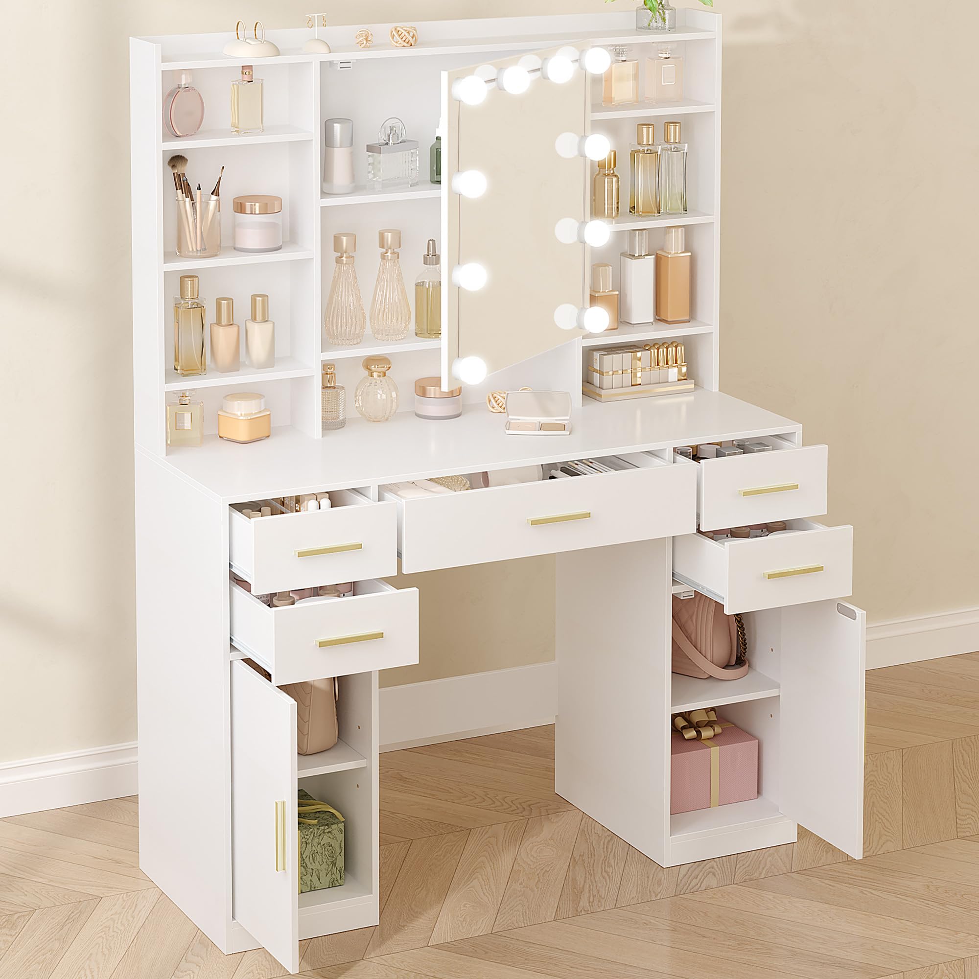 hexcelen-coiffeuses-avec-miroir-108-cm-blanche-led-5-tiroirs image 1