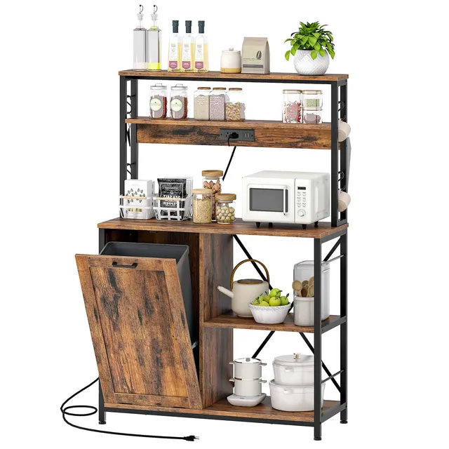 hoobro-meuble-cuisine-micro-ondes-5-niveaux-marron-avec-poubelle image 1