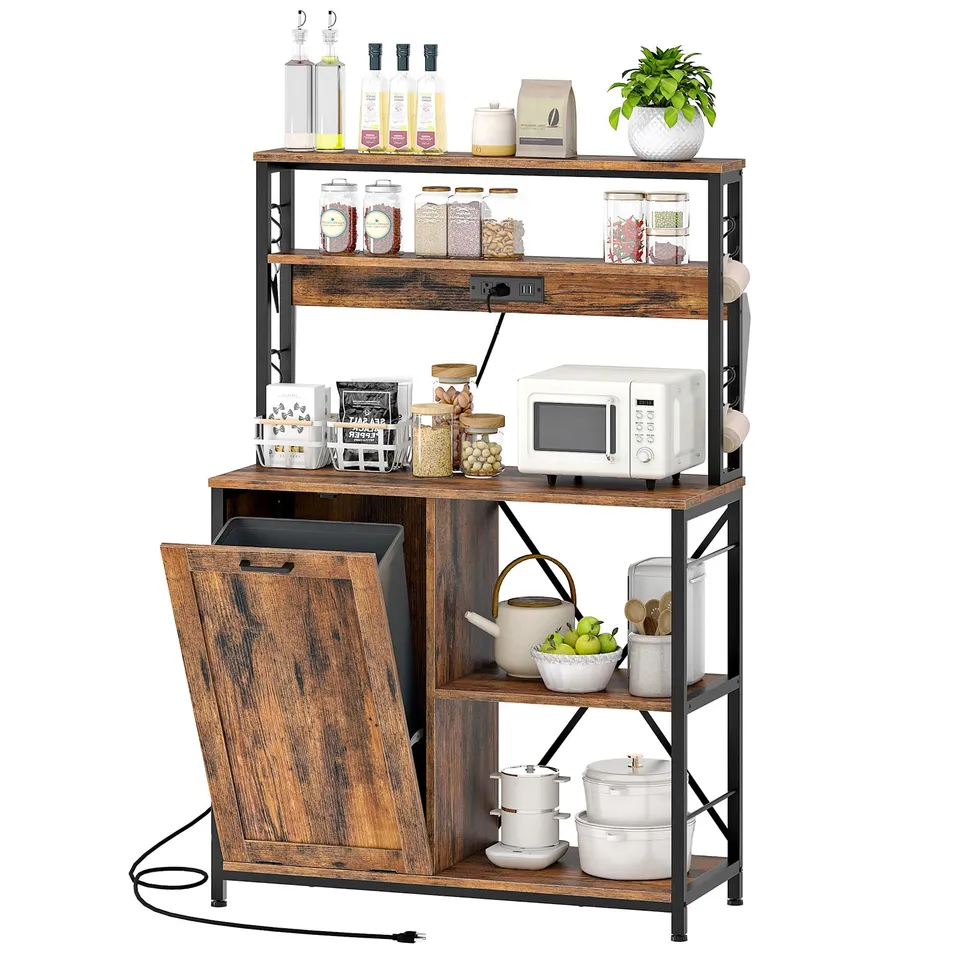 hoobro-meuble-cuisine-micro-ondes-5-niveaux-marron-avec-poubelle image 1