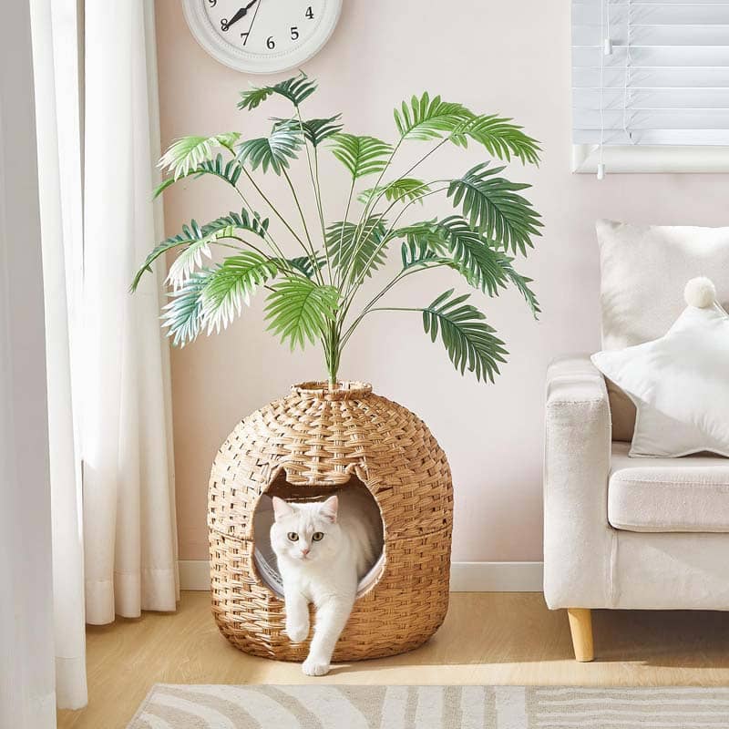 hoobro-meuble-liti-re-chat-rotin-naturel-avec-plante image 4