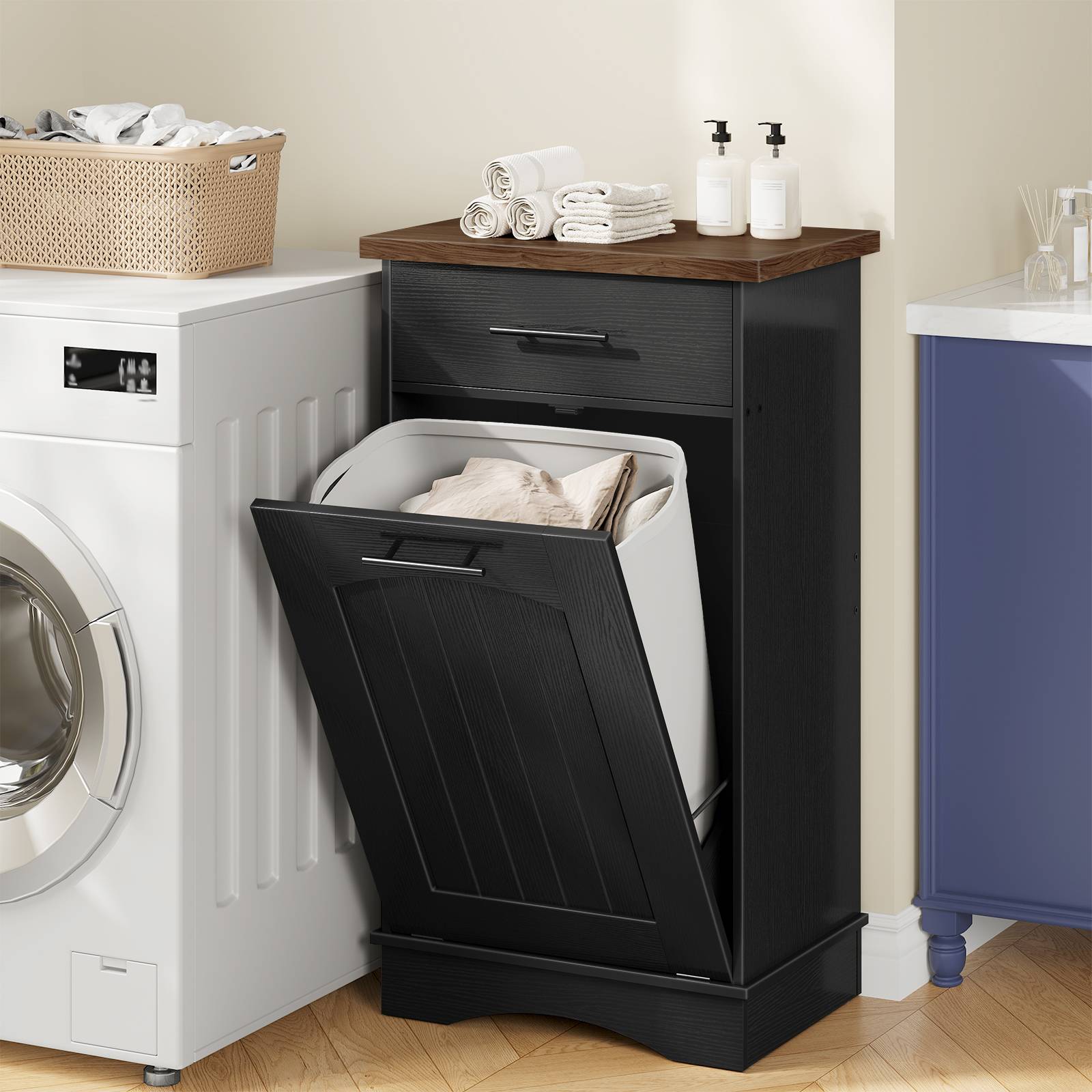 hoobro-panier-linge-bois-noir-basculant-avec-tiroir image 2