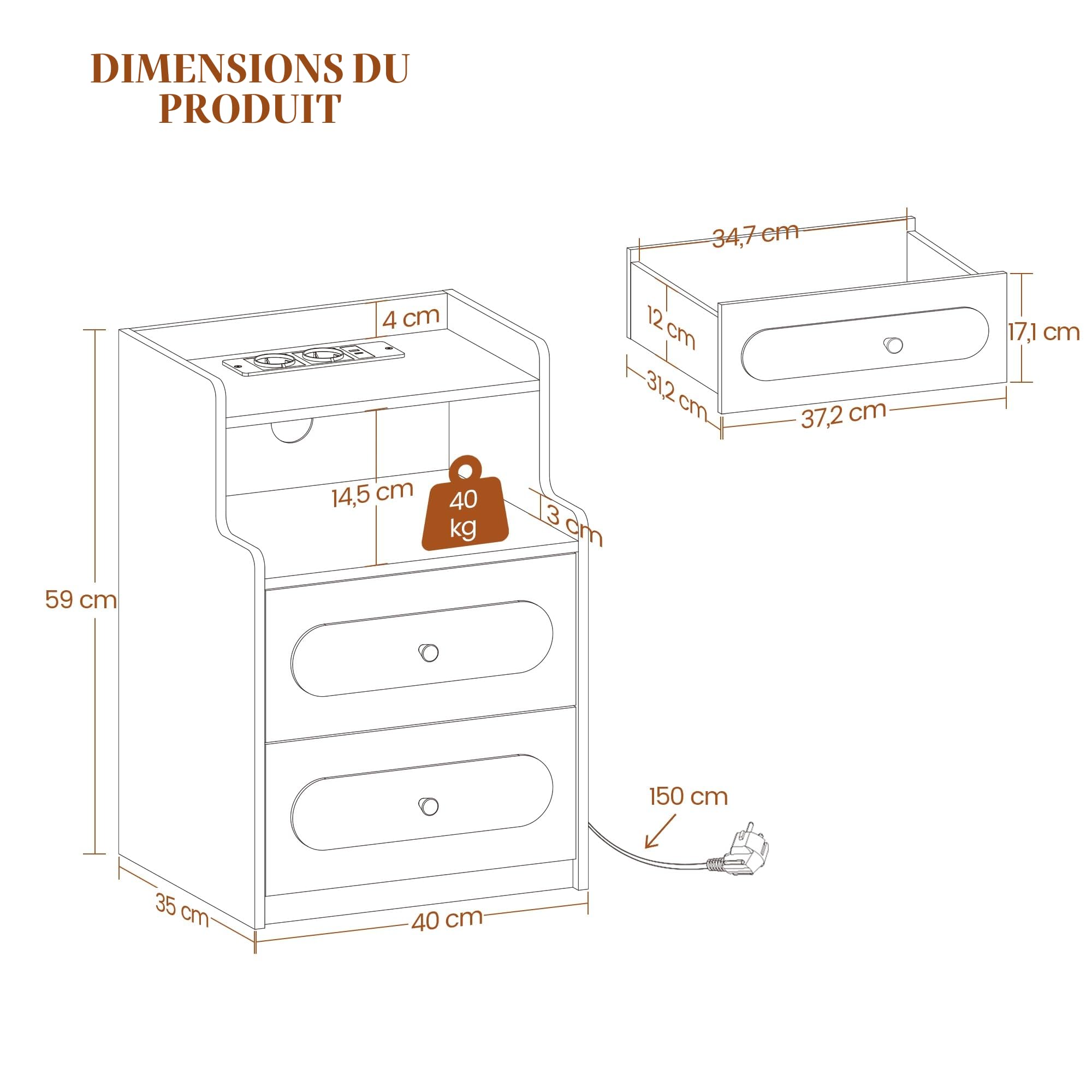 hexcelen-table-de-chevet-led-blanc-usb-2-tiroirs image 3