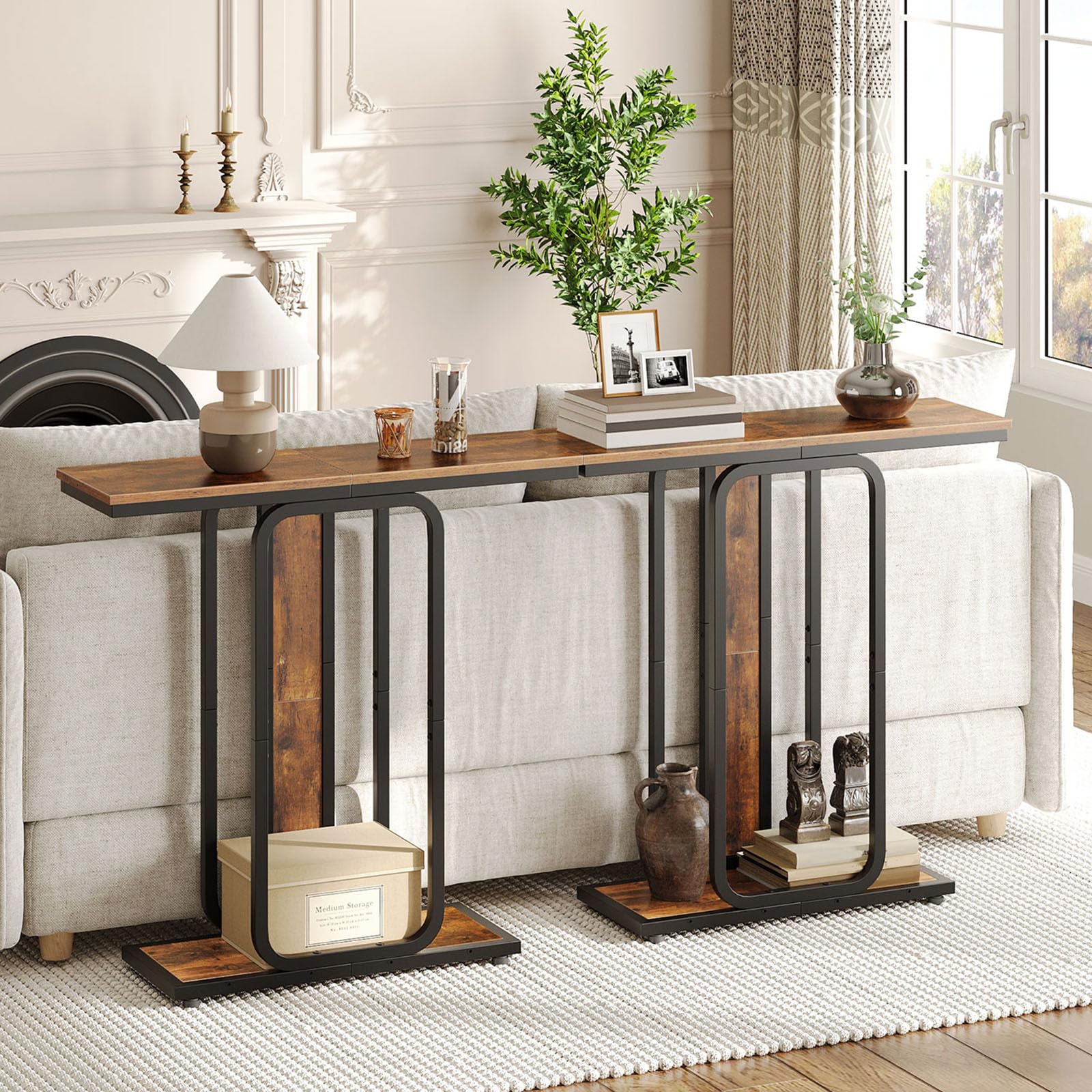 hoobro-table-console-entr-e-marron-troite-2-niveaux image 4