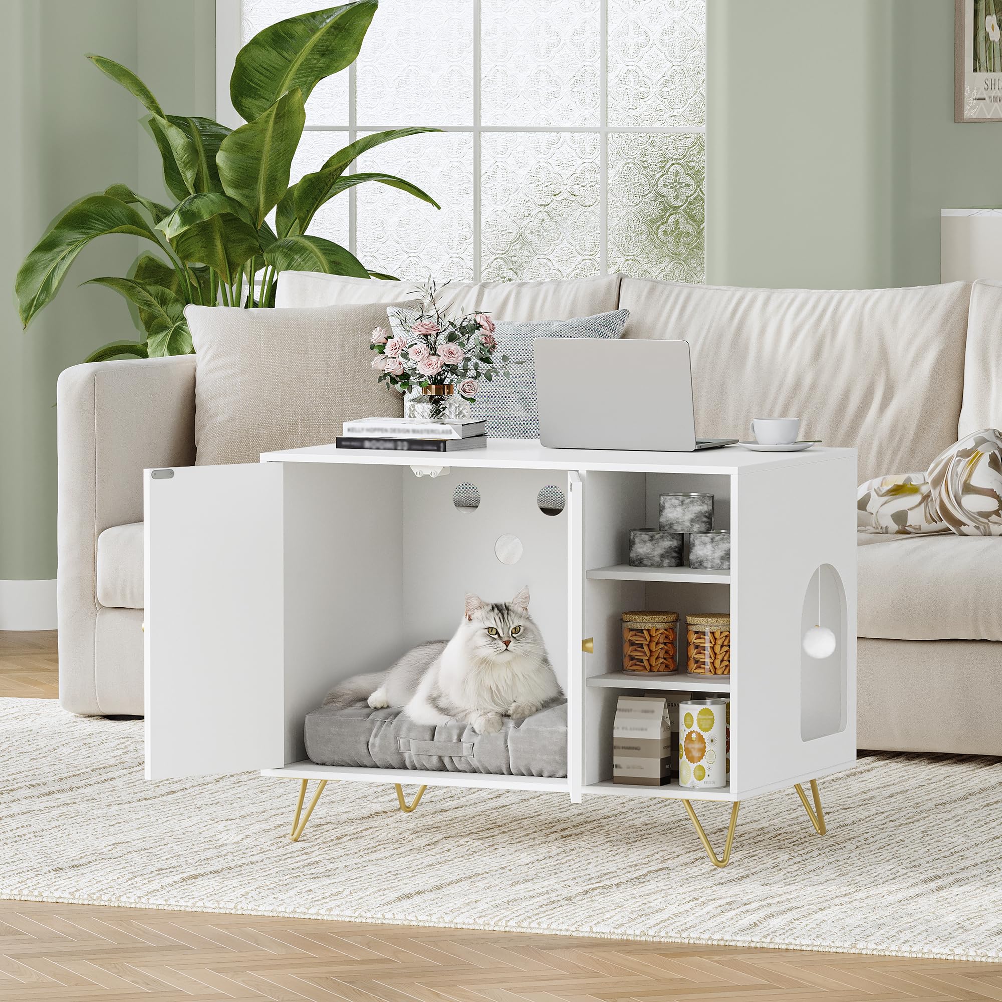 hexcelen-biblioth-ques-meuble-liti-re-chat-blanc-dor-80-cm image 8