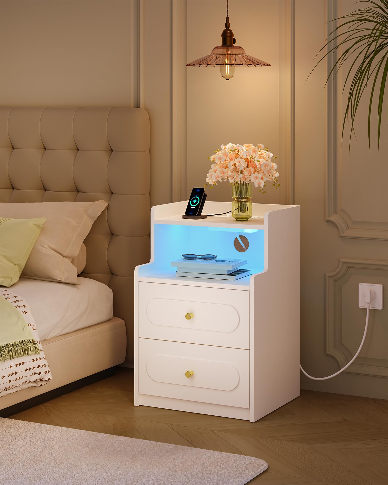 hexcelen-table-de-chevet-led-blanc-usb-2-tiroirs image 7