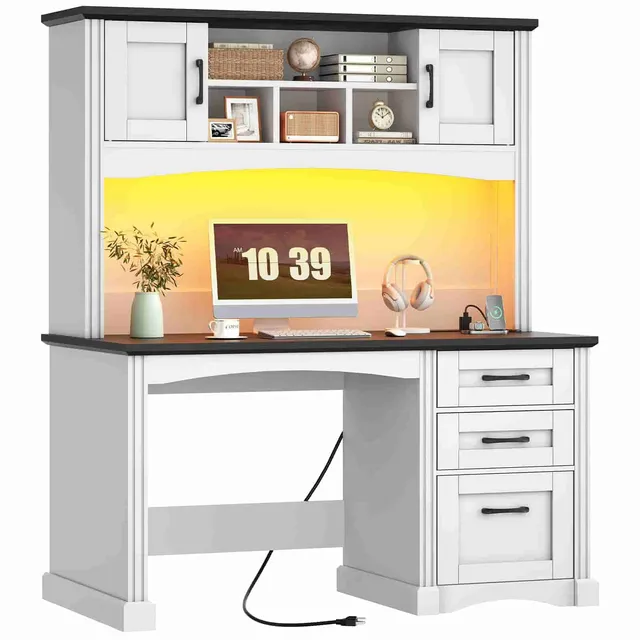 hoobro-bureau-farmhouse-blanc-avec-hutch-led-et-prises image 1