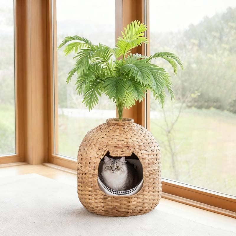 hoobro-meuble-liti-re-chat-rotin-naturel-avec-plante image 5