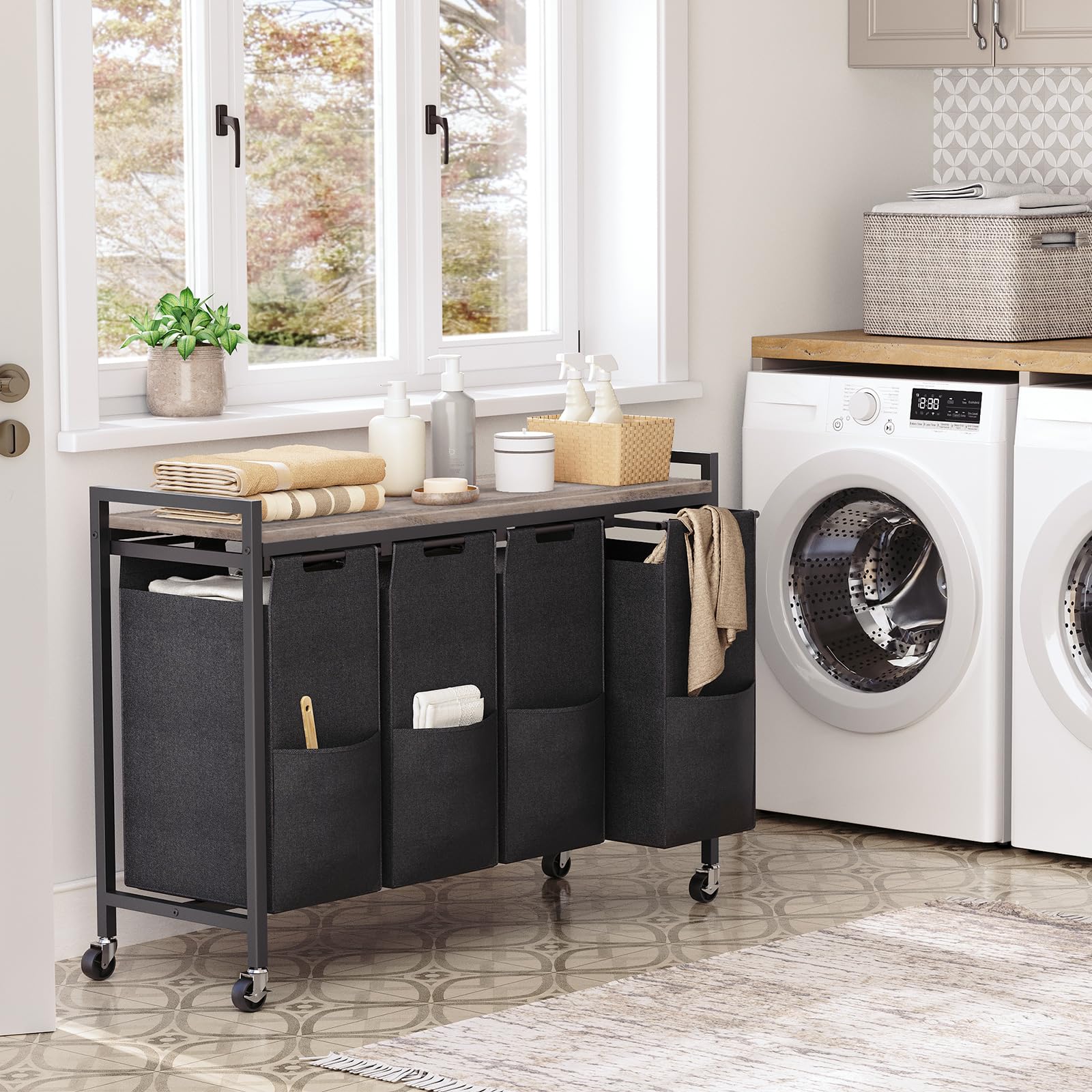 hoobro-panier-linge-trieur-4-bacs-greige-160-l-roulettes image 2