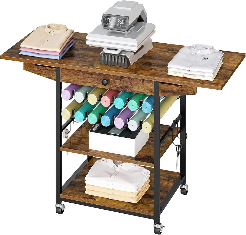 hoobro-table-presse-chaud-3-niveaux-marron-avec-tiroir image 1