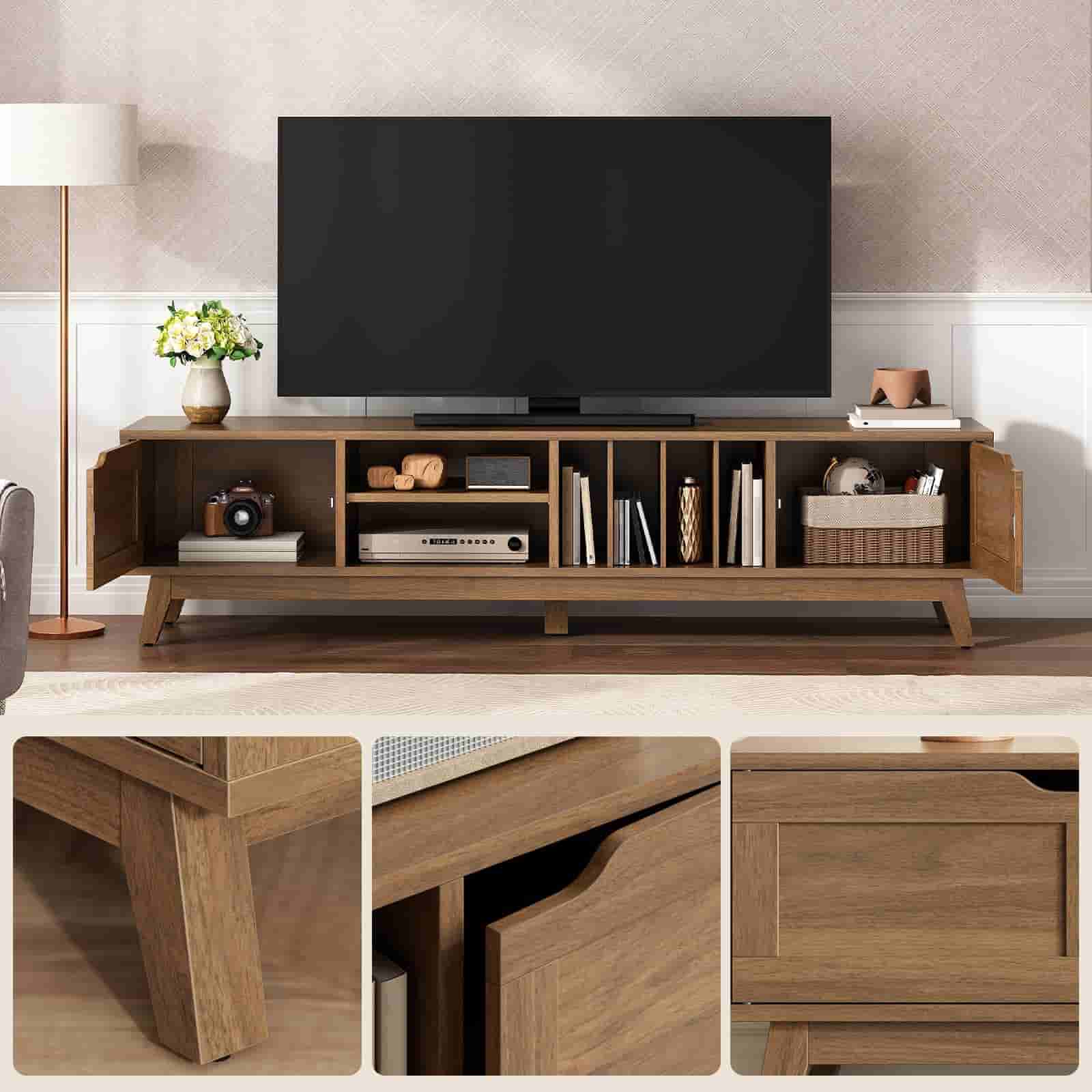 hoobro-meuble-tv-85-pouces-marron-2-portes-vintage image 6
