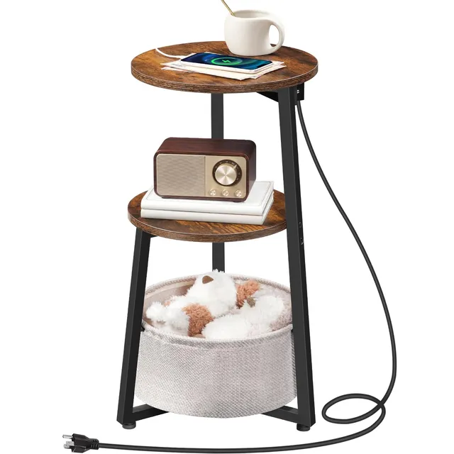 hoobro-side-tables-table-ronde-panier-marron-avec-prise image 1