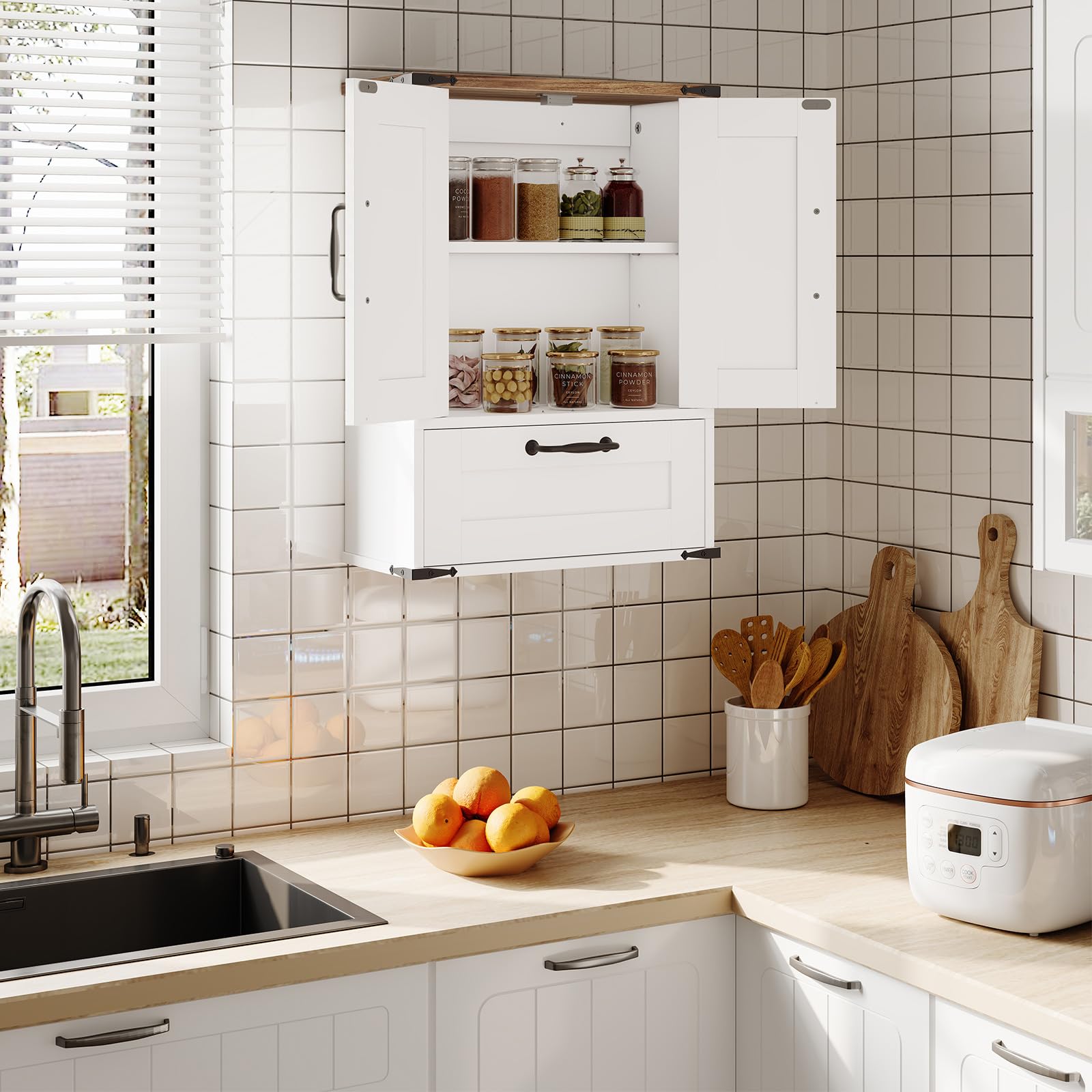 hoobro-armoire-murale-salle-de-bain-blanche-tiroir-farmhouse image 5