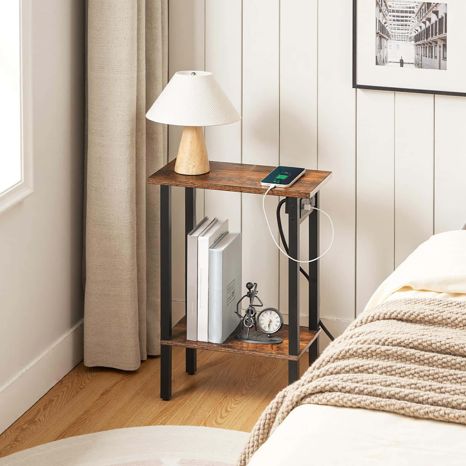 hoobro-side-tables-bout-de-canap-troit-marron-avec-prises-usb image 4