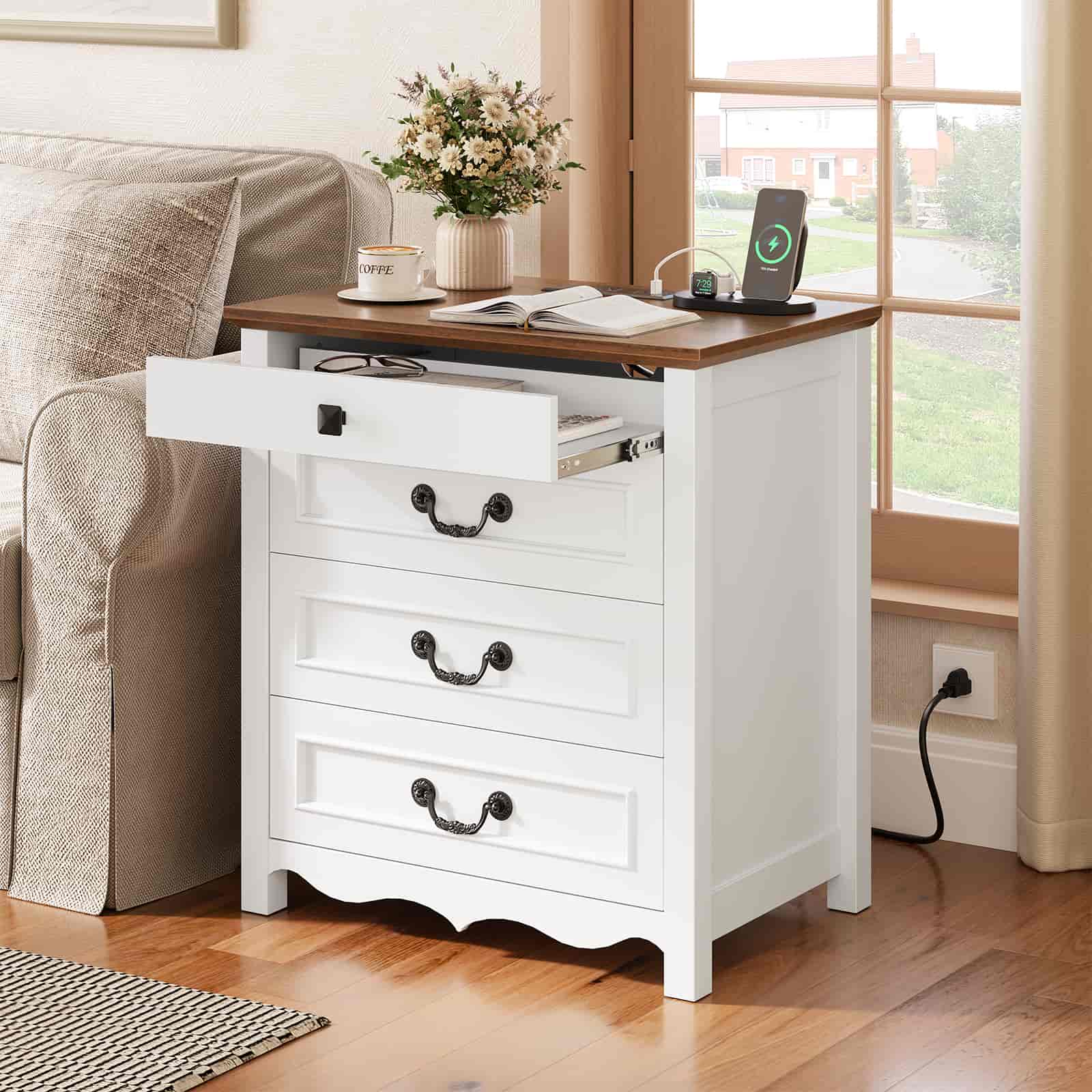 hoobro-nightstands-table-de-nuit-blanche-3-tiroirs-prise-usb image 5