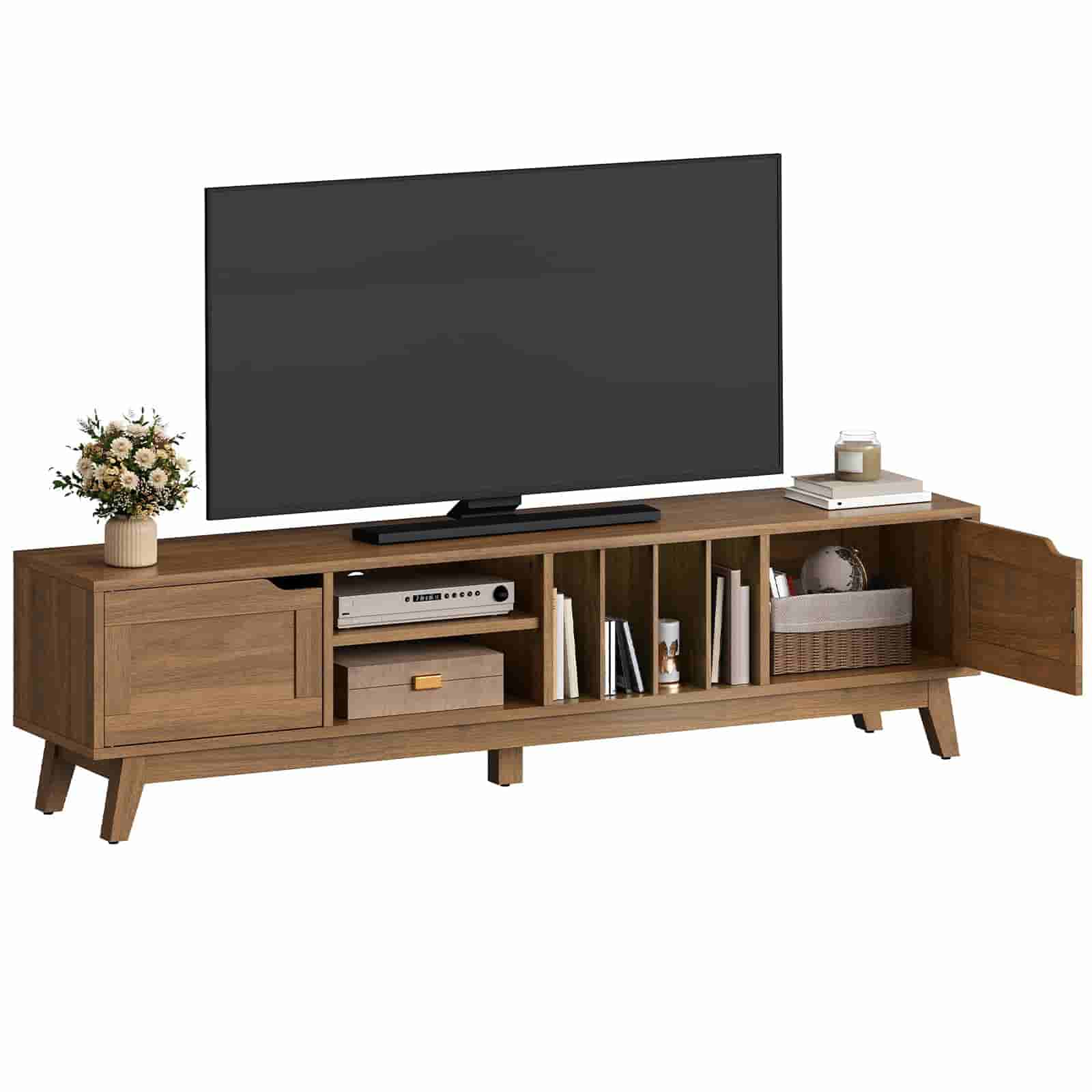hoobro-meuble-tv-85-pouces-marron-2-portes-vintage image 1
