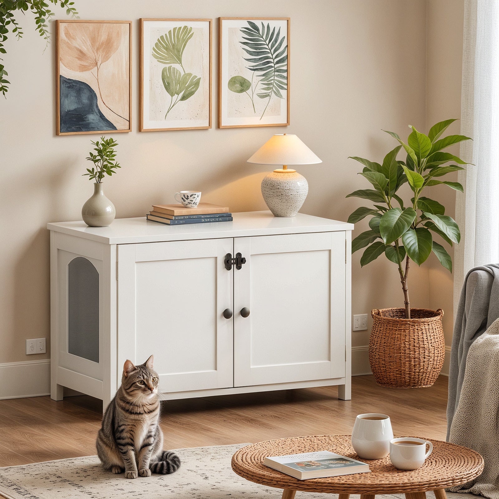 hoobro-pet-furniture-meuble-liti-re-chat-blanc image 2