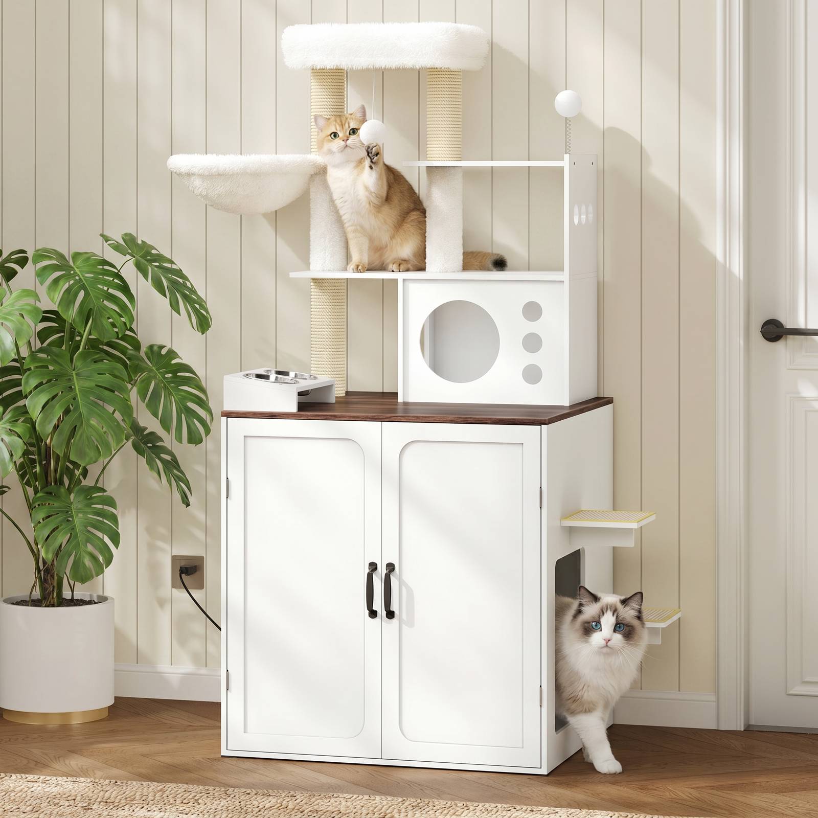 hoobro-pet-furniture-arbre-chat-blanc-cache-liti-re-avec-prise image 5