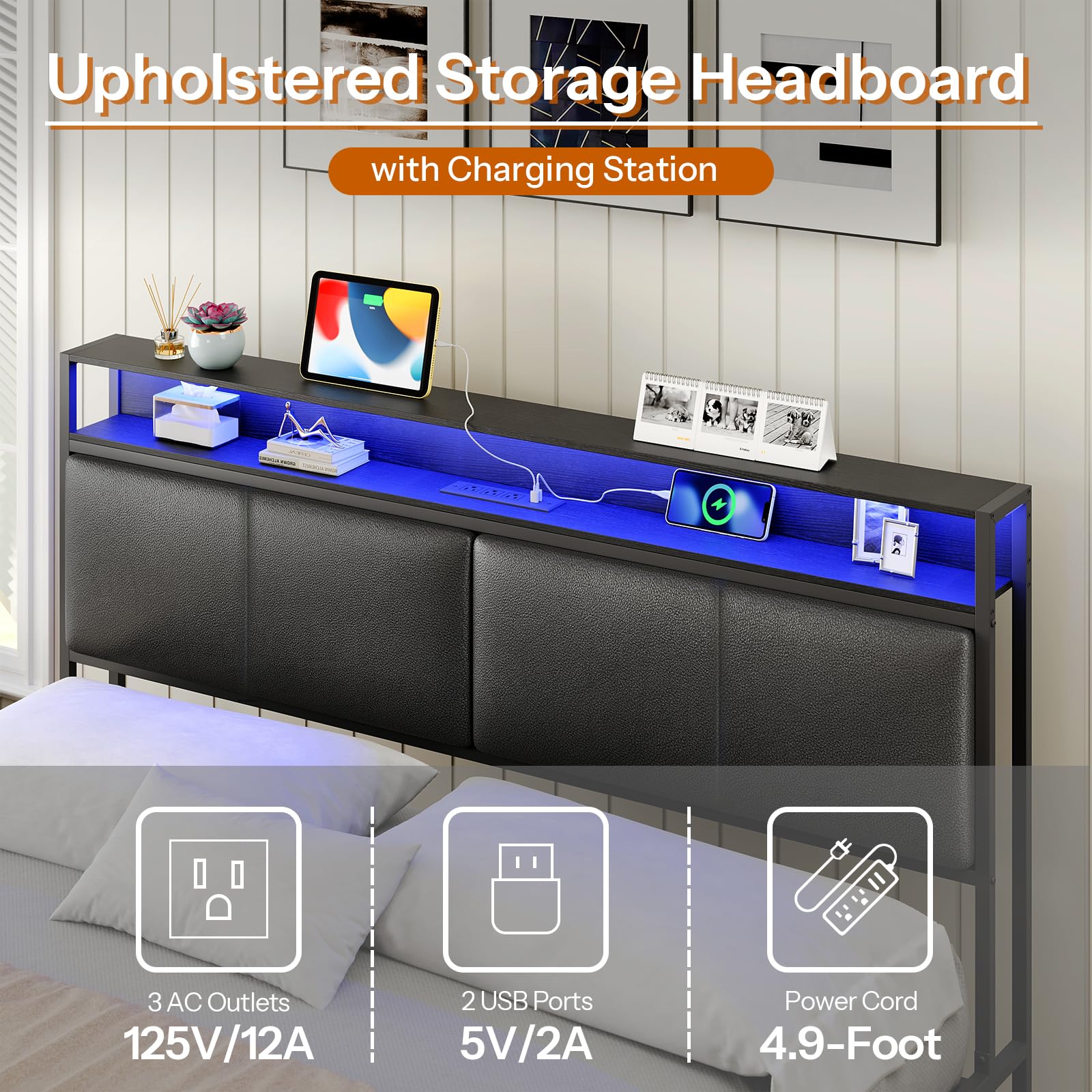 hoobro-bed-frames-lit-double-noir-140x190-led-t-te-rangement image 8