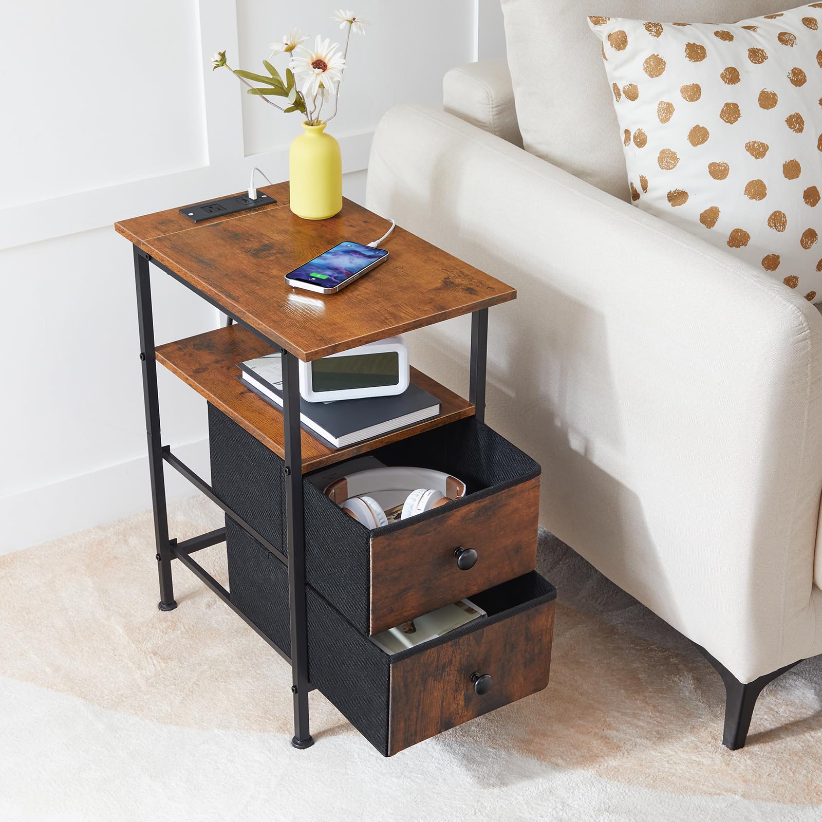 hoobro-side-tables-lot-2-tables-appoint-marron-usb image 5