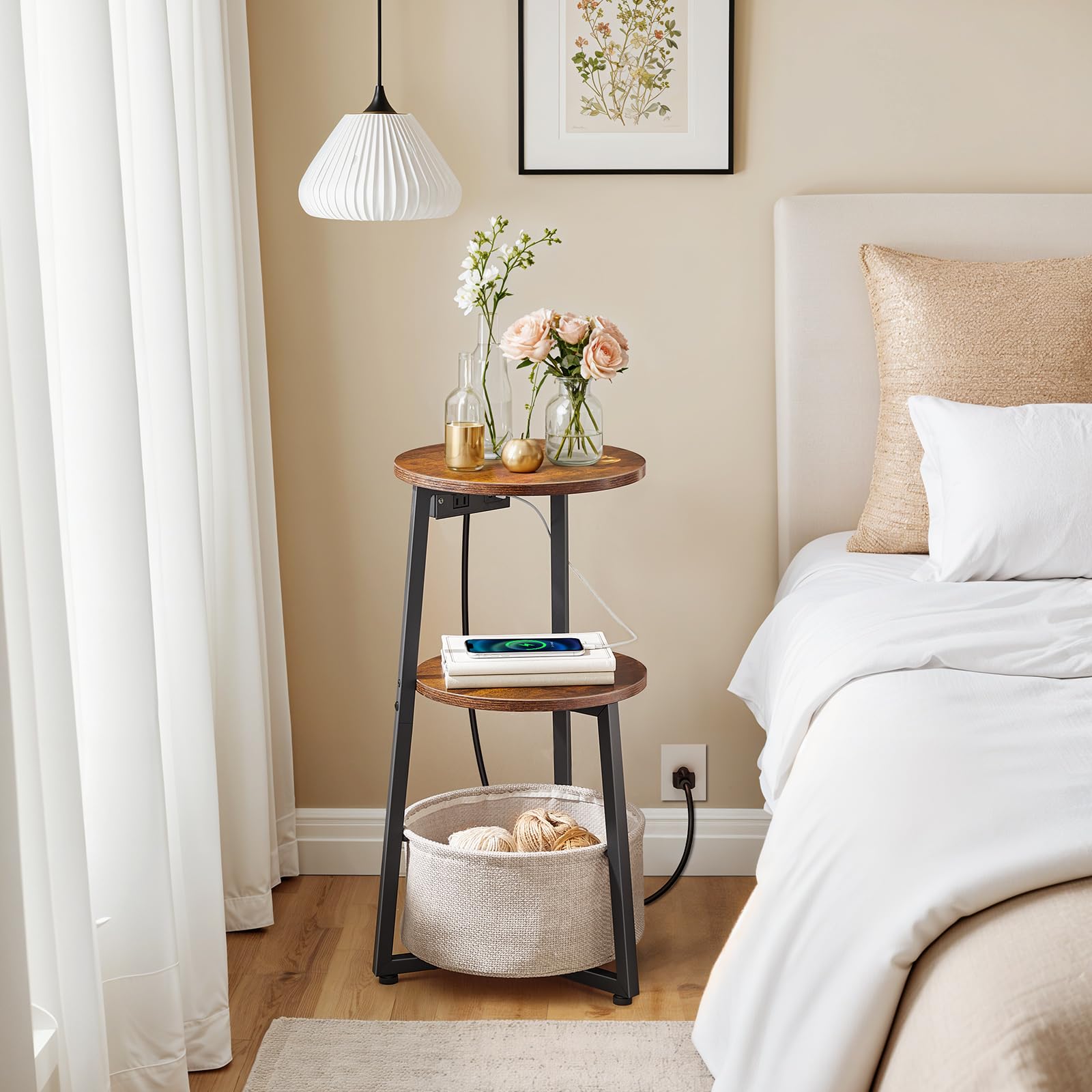 hoobro-side-tables-table-ronde-panier-marron-avec-prise image 4