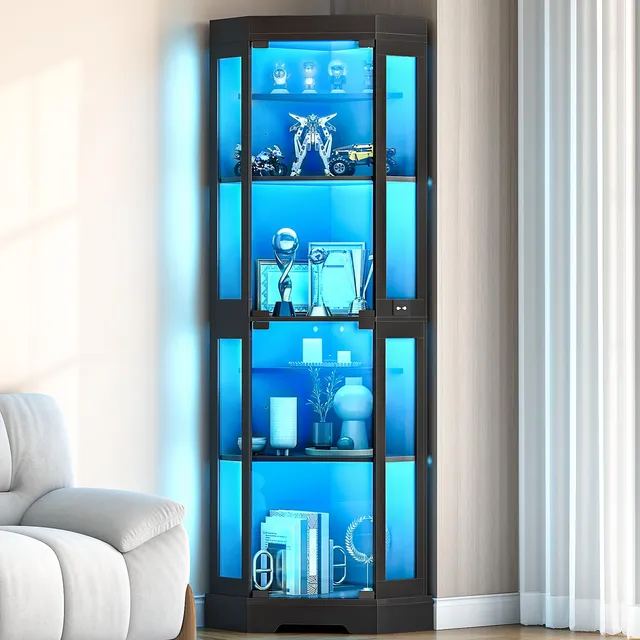 hoobro-storage-cabinets-vitrine-angle-noir-led-verre image 1