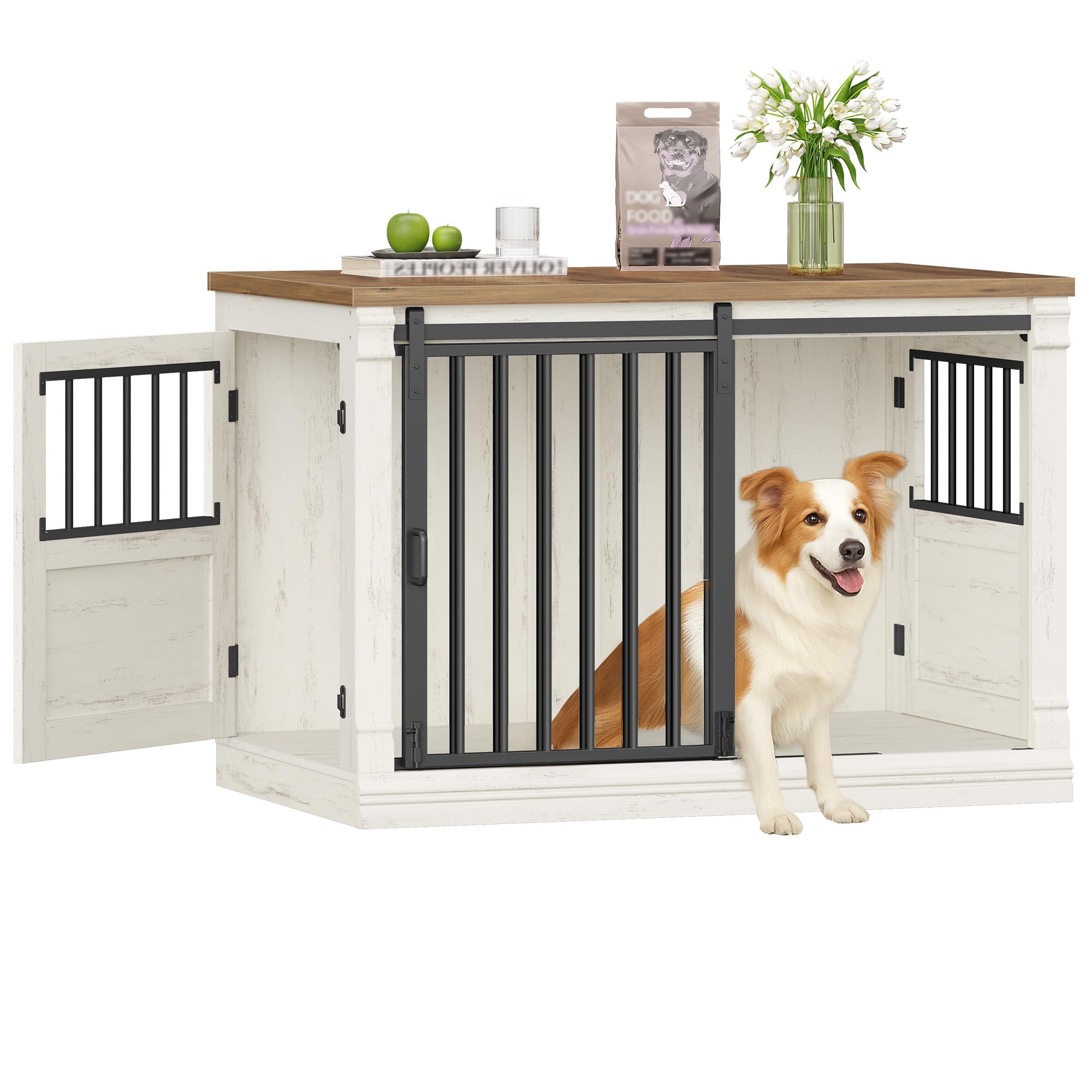 hexcelen-meuble-cage-chien-101-cm-niche-blanc-marron-porte-coulissante image 1