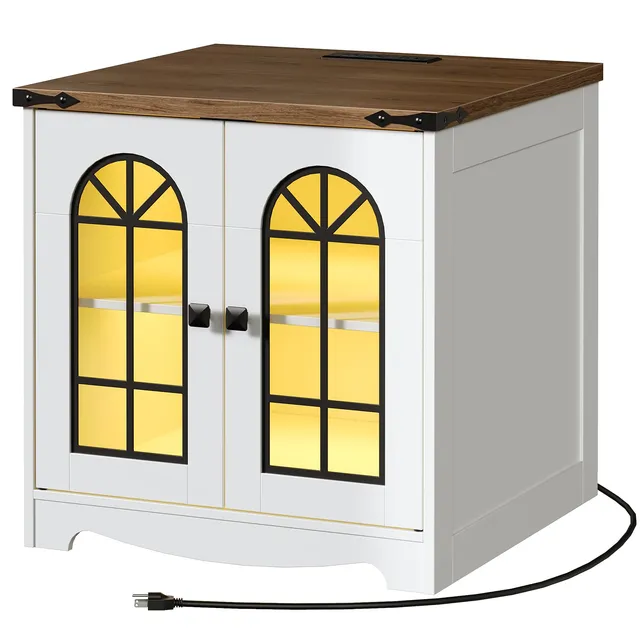hoobro-table-de-nuit-blanche-led-avec-charge-et-armoire-2-portes image 1