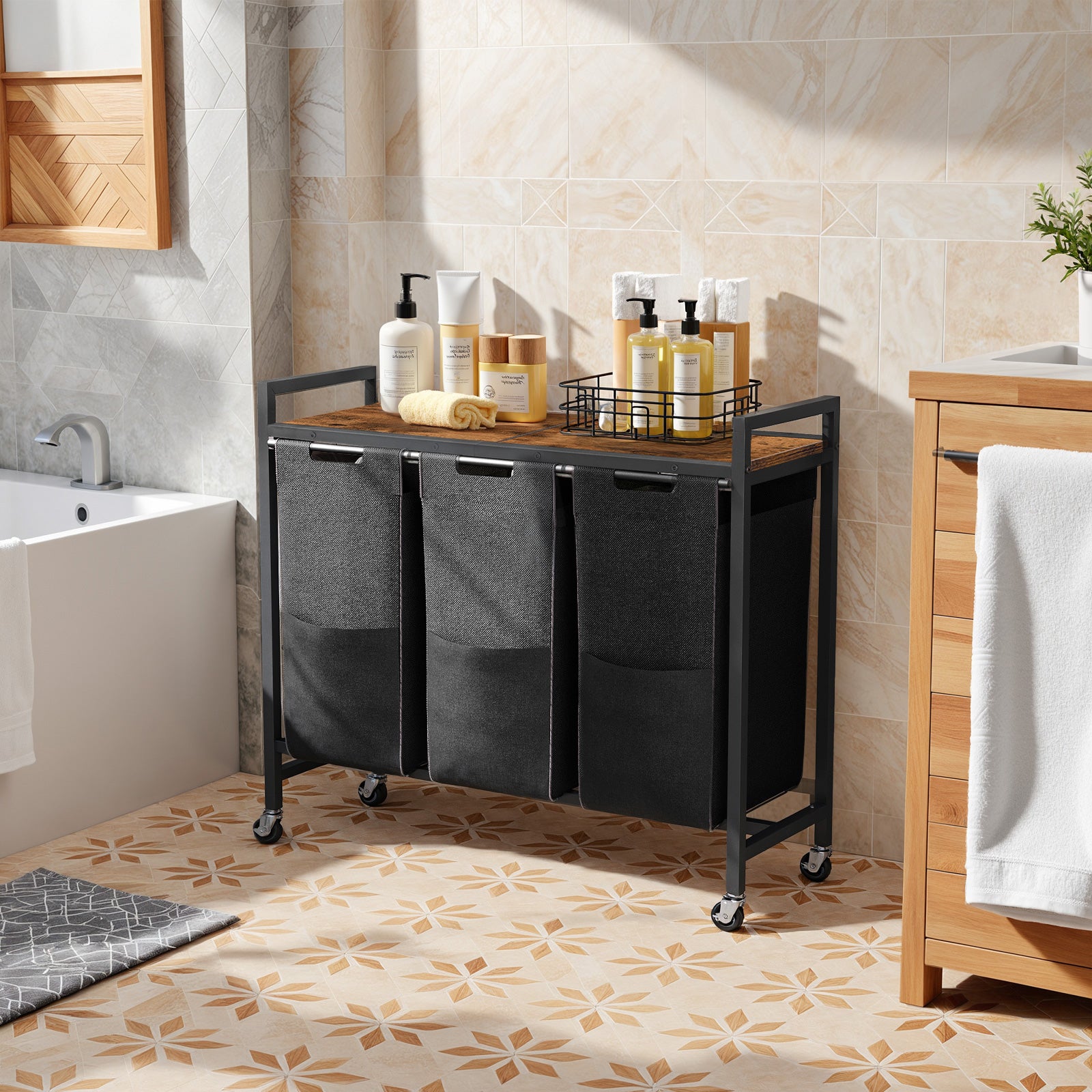 hoobro-43-5-l-panier-linge-3-compartiments-roulettes-marron image 2