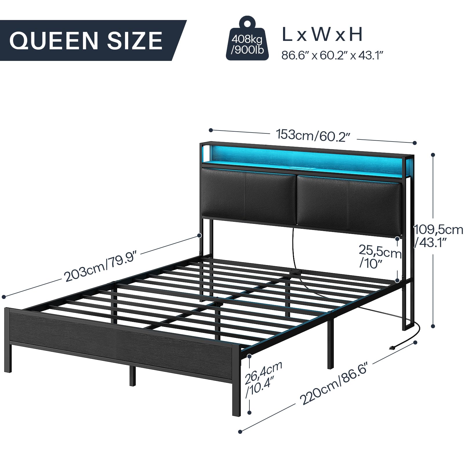hoobro-bed-frames-cadre-de-lit-queen-m-tal-led-noir-usb image 3