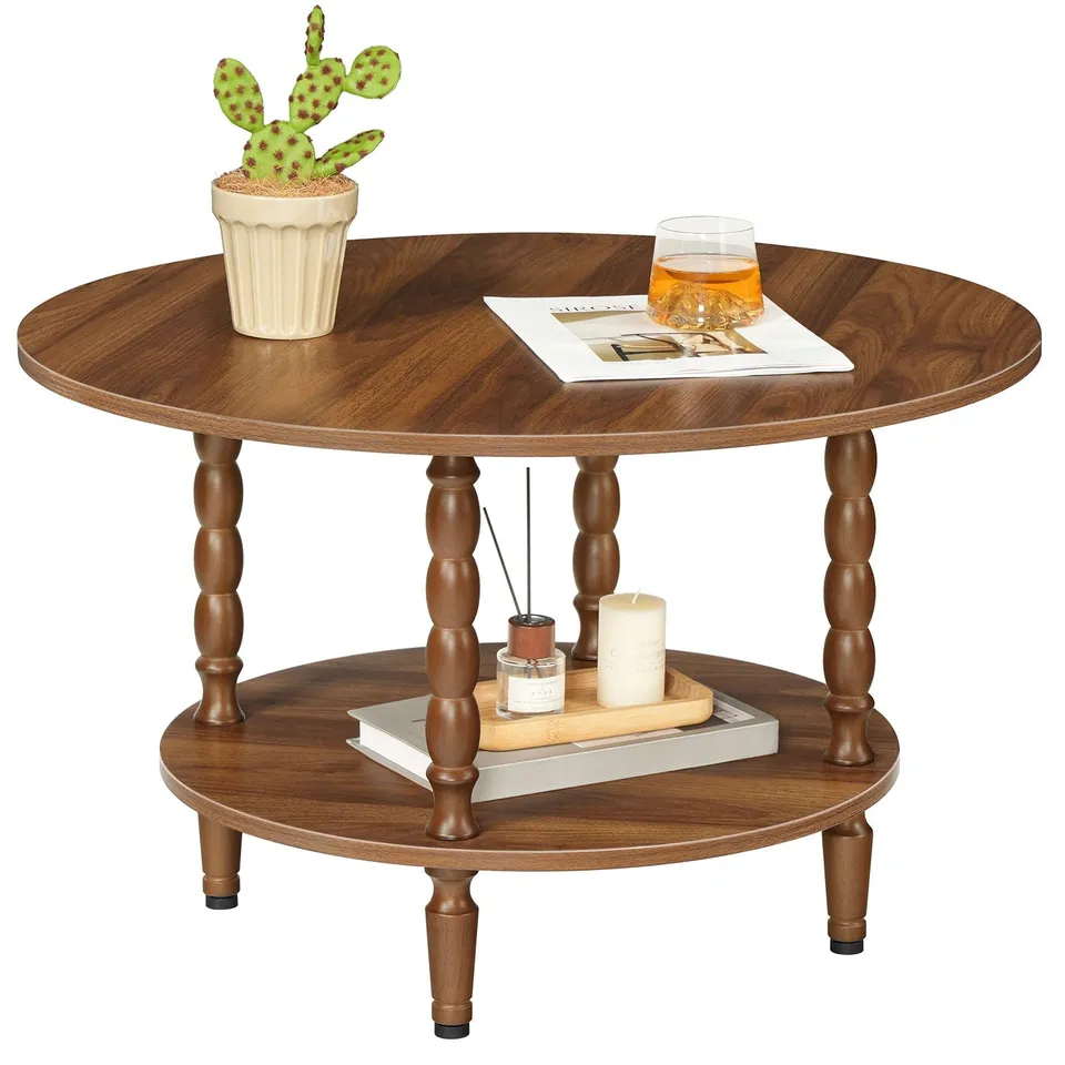 hoobro-coffee-tables-table-basse-ronde-bois-marron-2-niveaux image 1