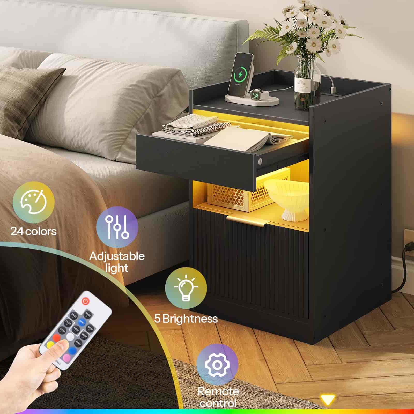 hoobro-nightstands-table-de-chevet-led-noire-avec-chargeur-tiroir image 6