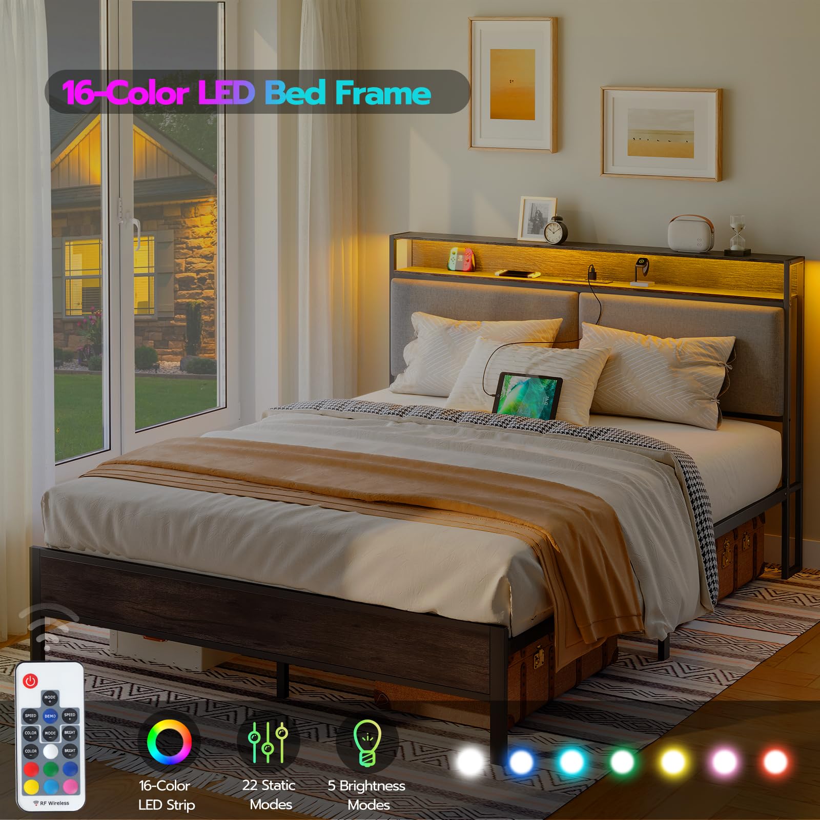 hoobro-bed-frames-cadre-de-lit-m-tal-led-gris-t-te-rangement image 7