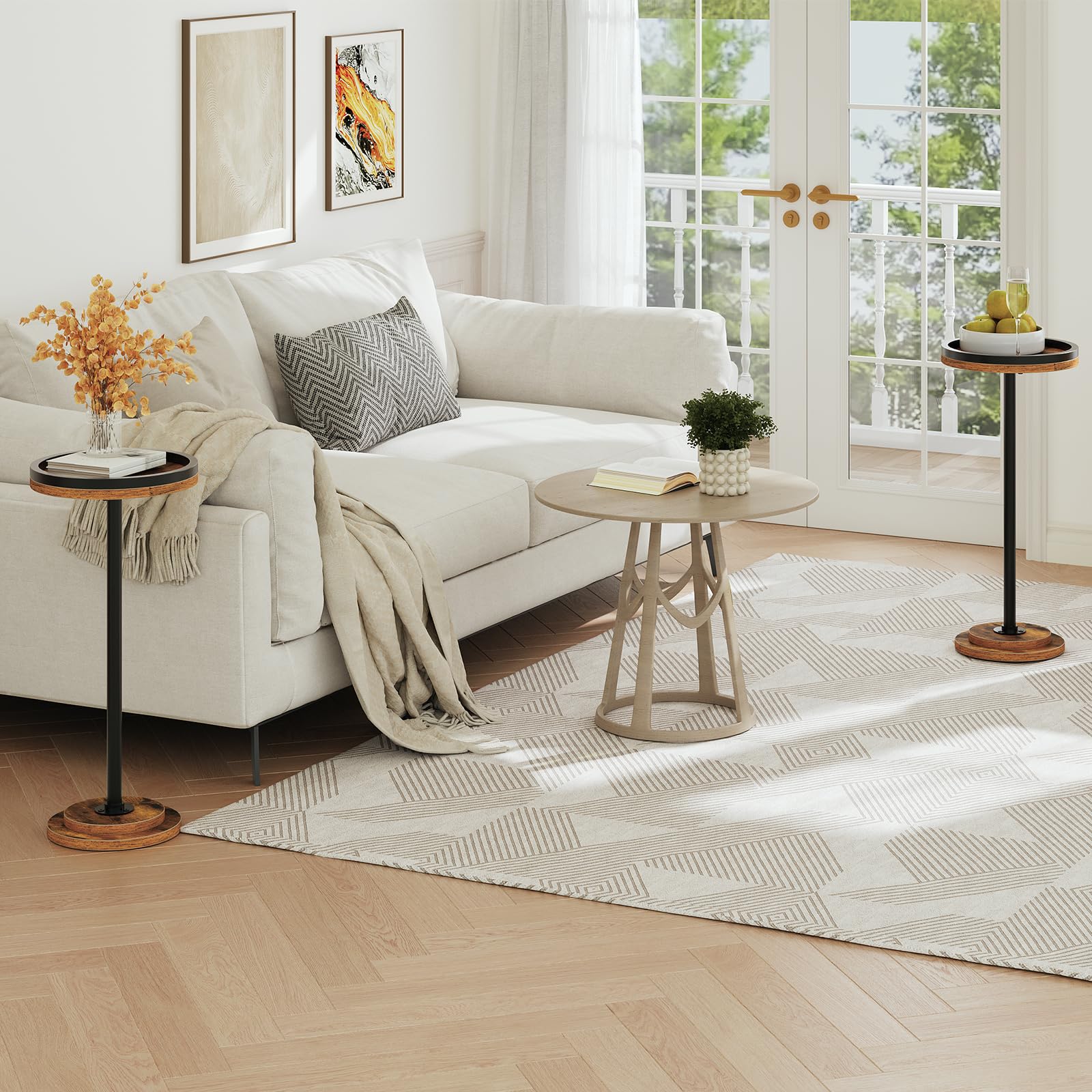hoobro-side-tables-lot-2-tables-rondes-hautes-marron-plateau image 5