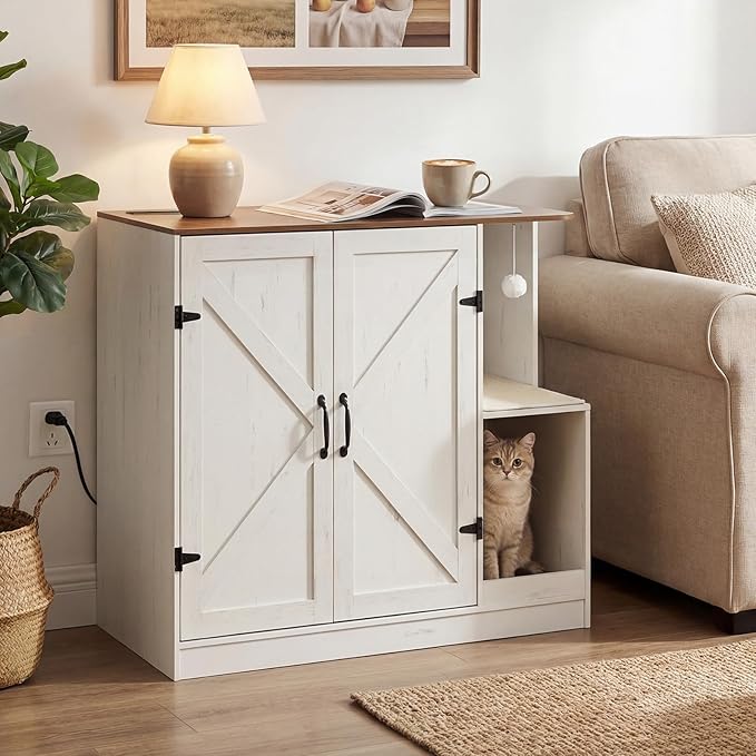 hoobro-pet-furniture-meuble-liti-re-chat-automatique-blanc-farmhouse image 2