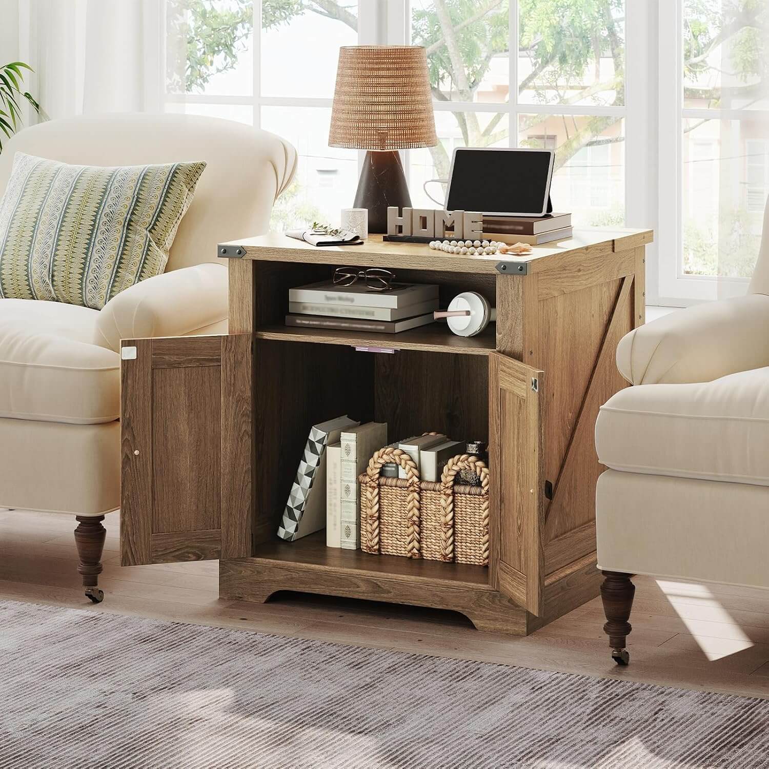 hoobro-side-tables-bout-de-canap-marron-prise-usb-rotin image 8