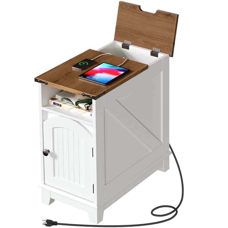 hoobro-side-tables-table-de-chevet-blanche-troite-avec-usb image 1