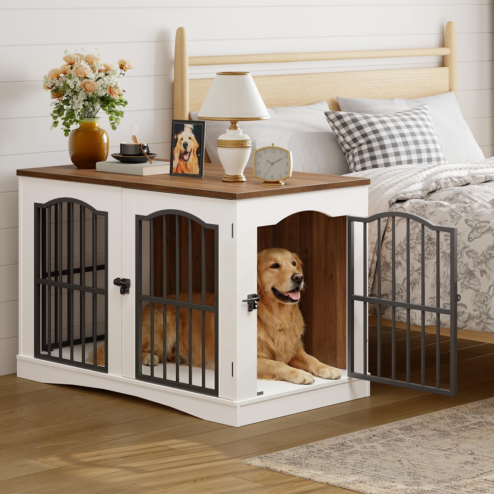 hoobro-meuble-niche-chien-blanc-3-portes-39-pouces-salon image 4