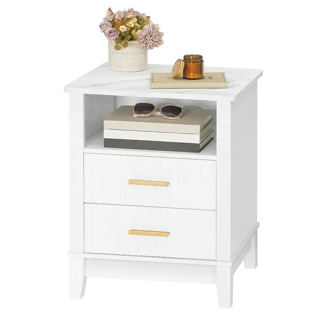 hoobro-nightstands-table-de-chevet-blanche-led-2-tiroirs-marbre image 1
