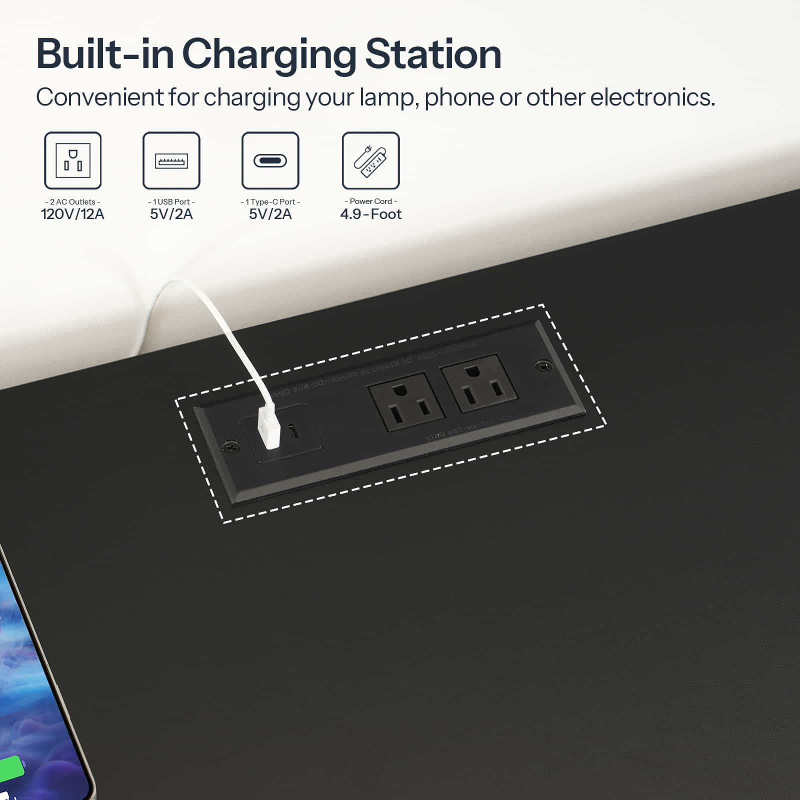 hoobro-table-chevet-led-noire-70cm-prise-usb-c image 8