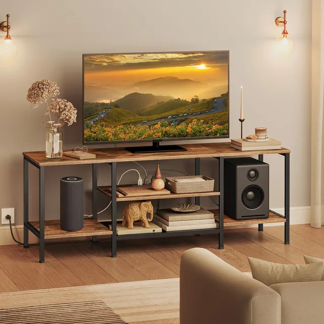 hoobro-meuble-tv-65-pouces-marron-prises-3-niveaux image 1