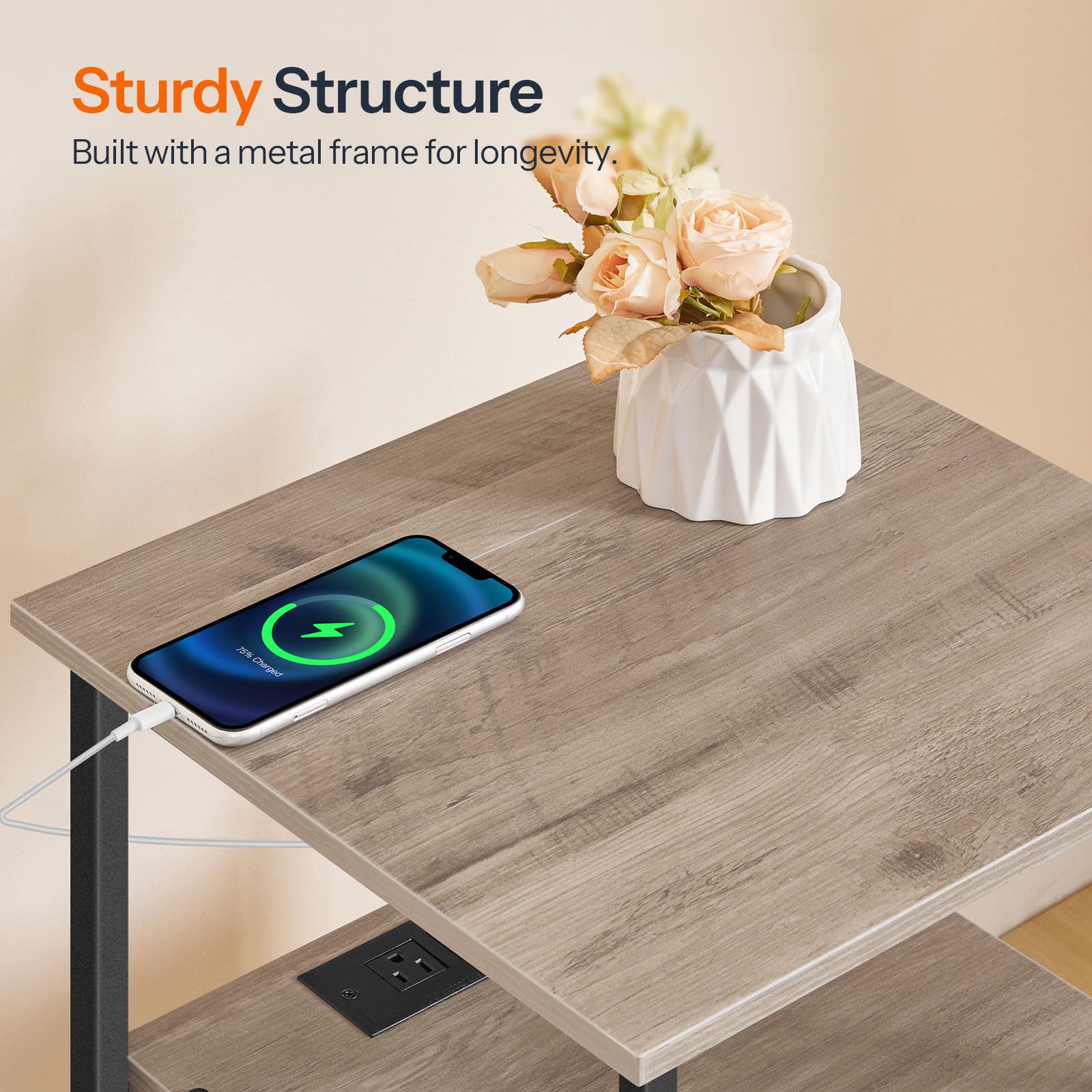 hoobro-table-de-chevet-2-tiroirs-greige-avec-prises-usb image 8
