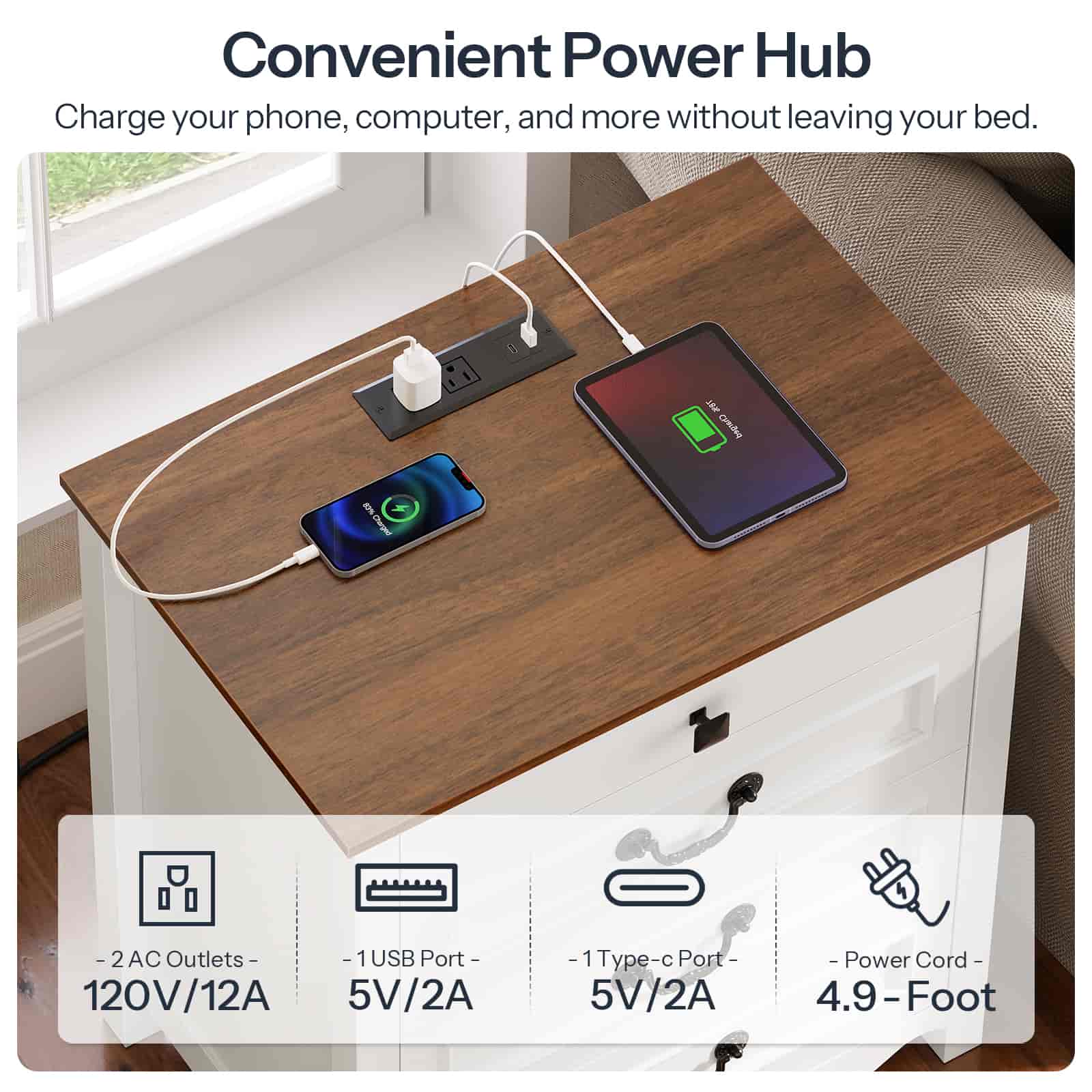 hoobro-nightstands-table-de-nuit-blanche-3-tiroirs-prise-usb image 7