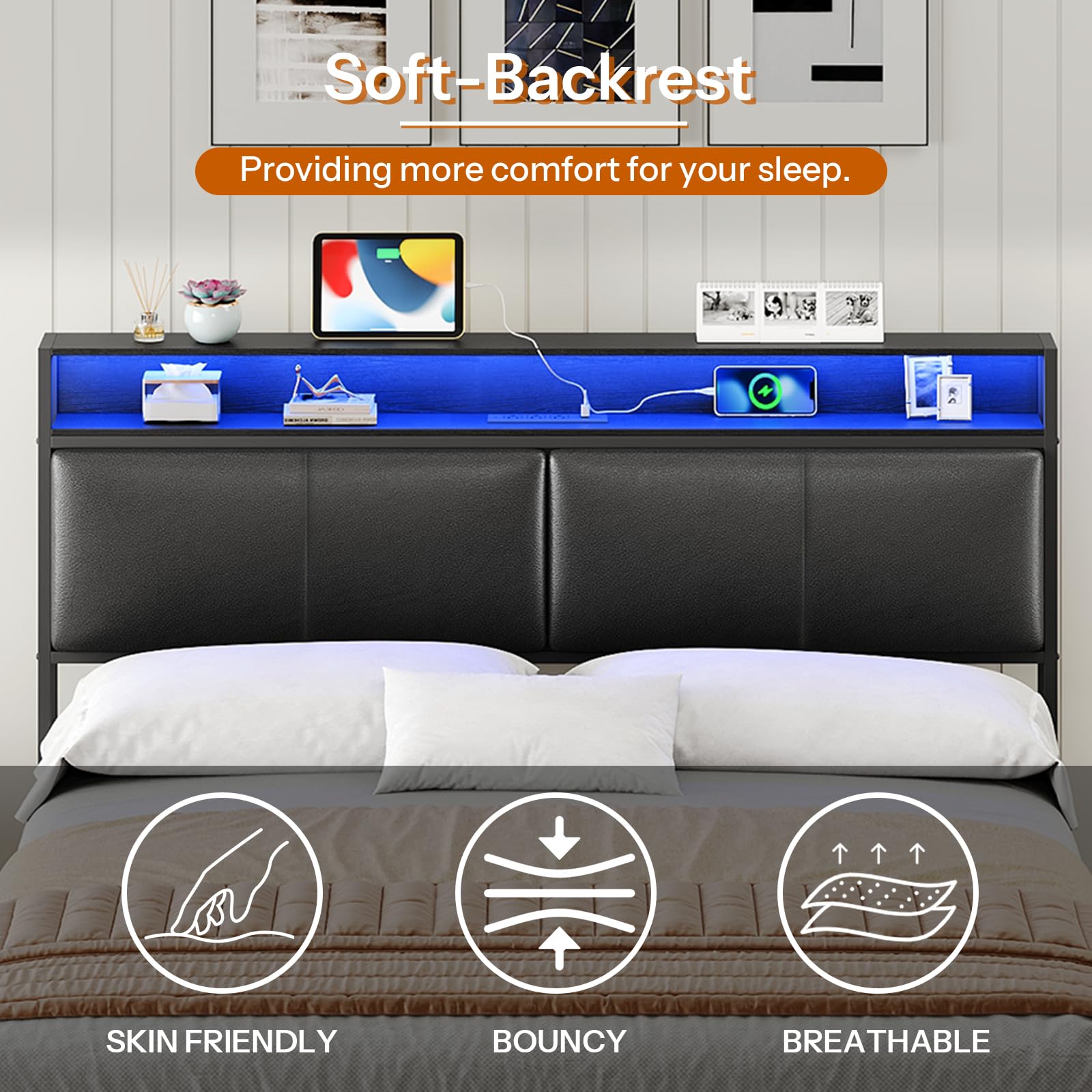 hoobro-bed-frames-lit-double-noir-140x190-led-t-te-rangement image 7