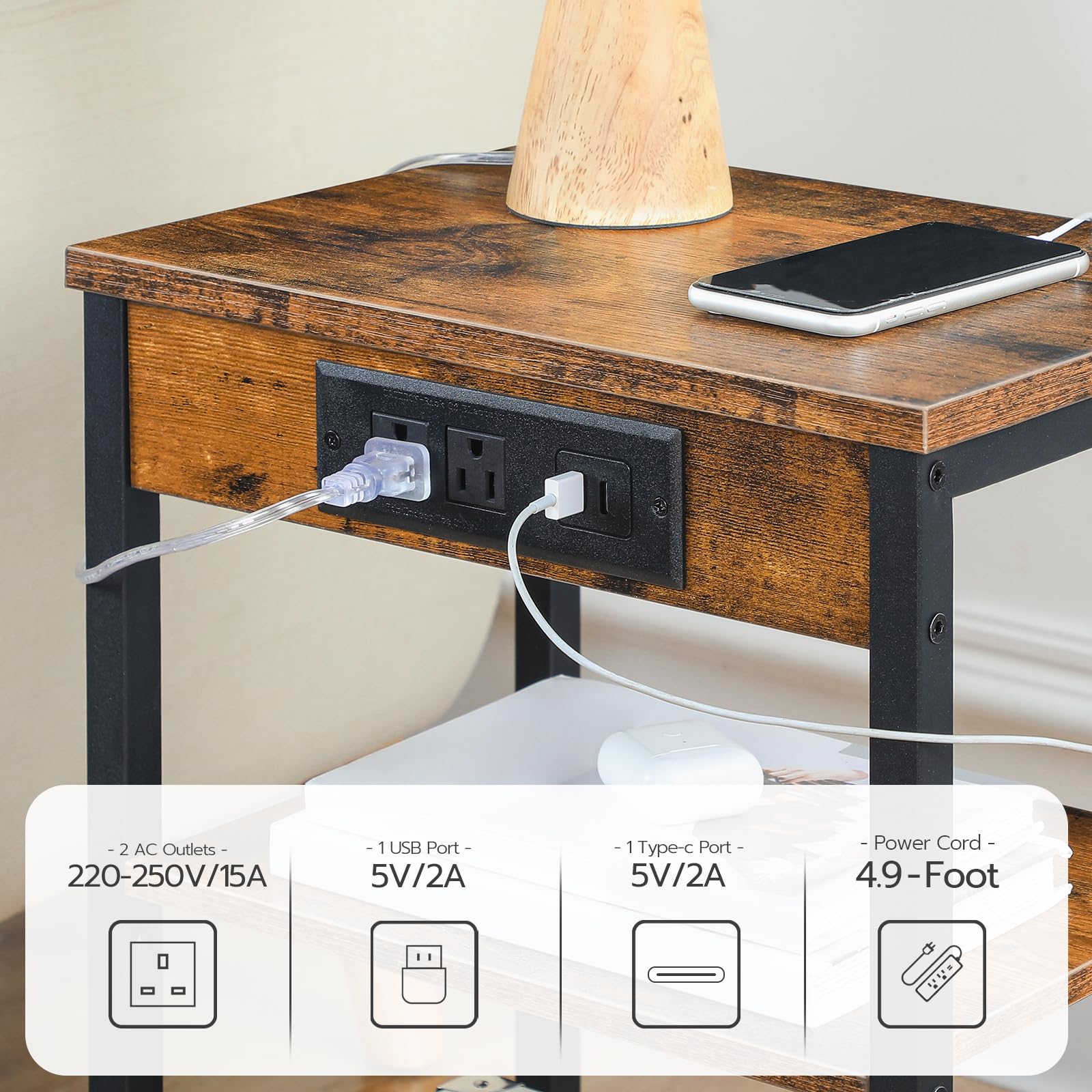 hoobro-side-tables-3-niveaux-table-appoint-marron-usb image 7