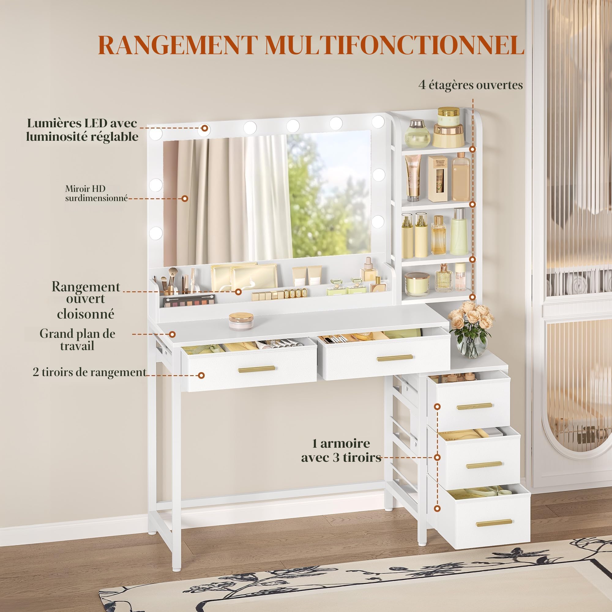 hexcelen-coiffeuse-avec-miroir-110-cm-blanche-led-tiroirs image 3