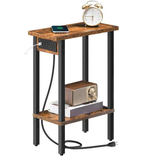 hoobro-side-tables-bout-de-canap-troit-marron-avec-prises-usb image 1
