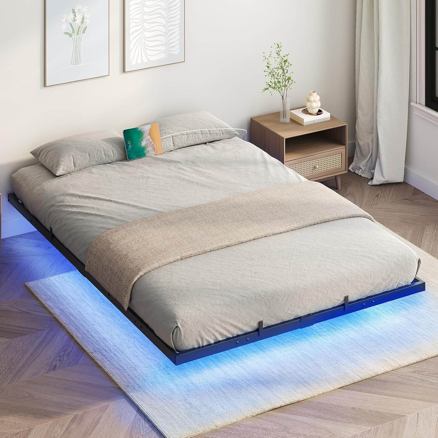 hoobro-bed-frames-lit-queen-flottant-noir-led-usb image 8